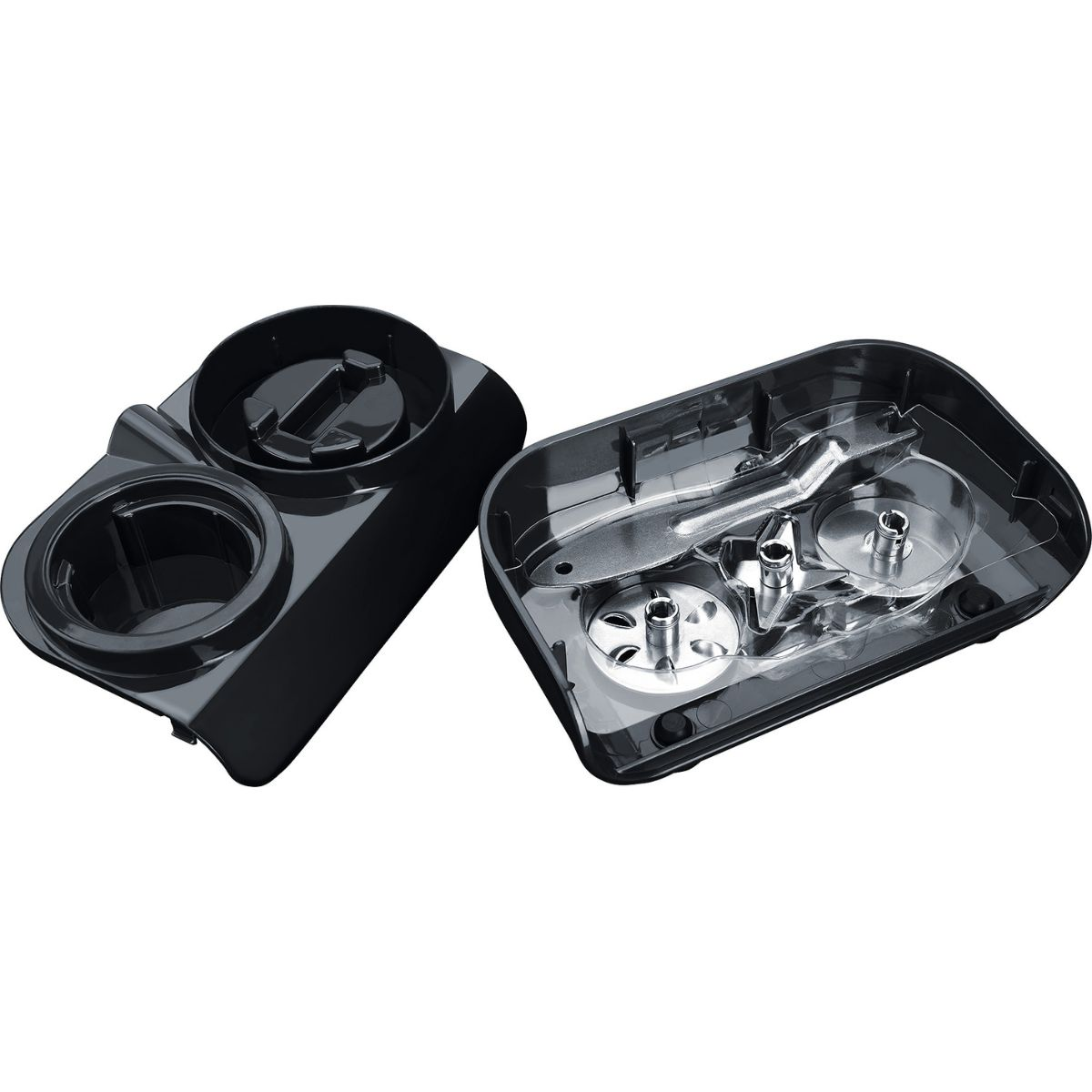 Zwei schwarze Plastikbecherhalter. Einer ist offen, der andere geschlossen.