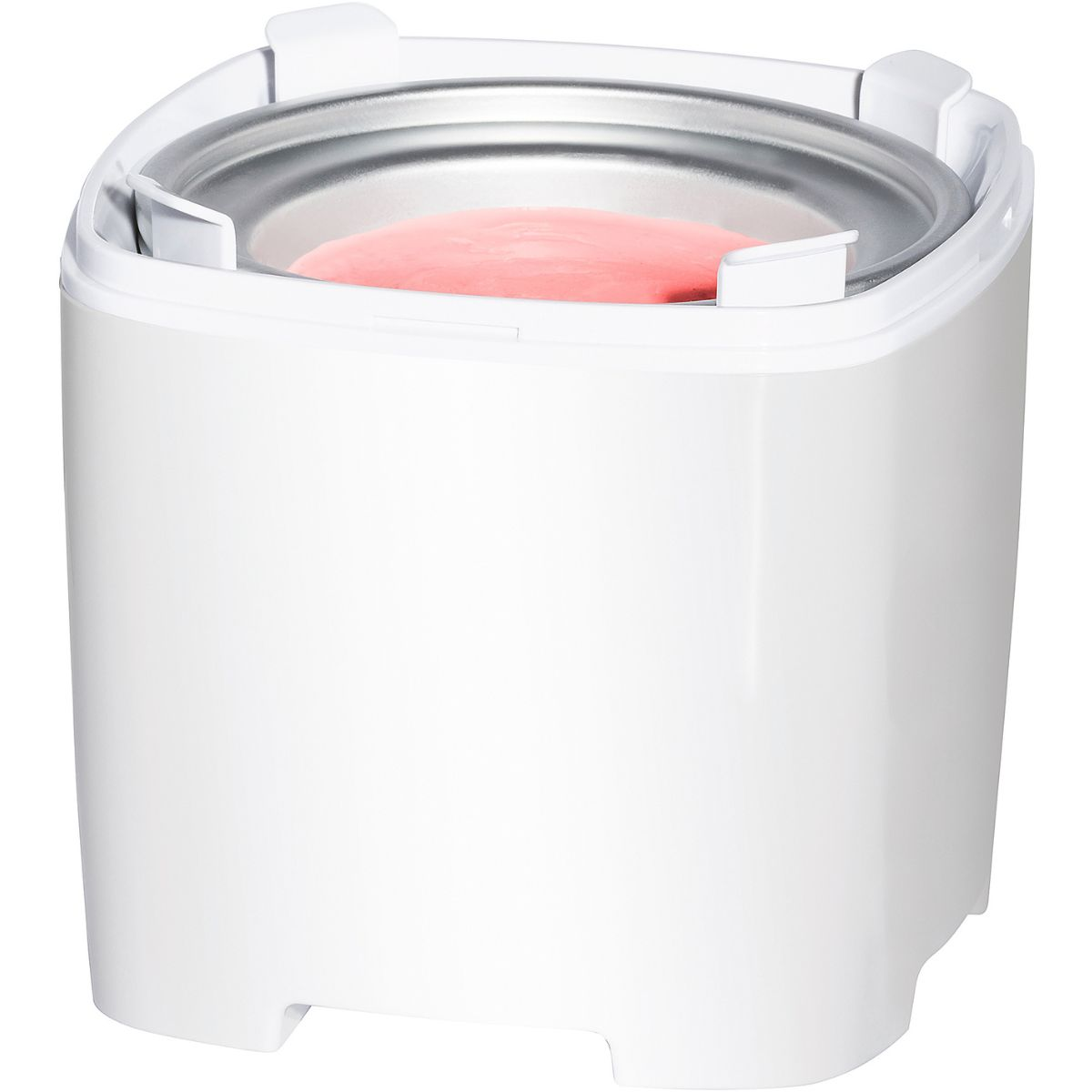 Una gelatiera bianca con gelato rosa all'interno del contenitore, pronto per essere servito.
