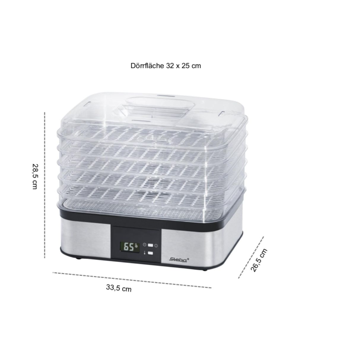 Lebensmittel-Dehydrator mit Abmessungen. Silberne Basis, transparente Kunststoffschalen gestapelt, weißer Hintergrund.