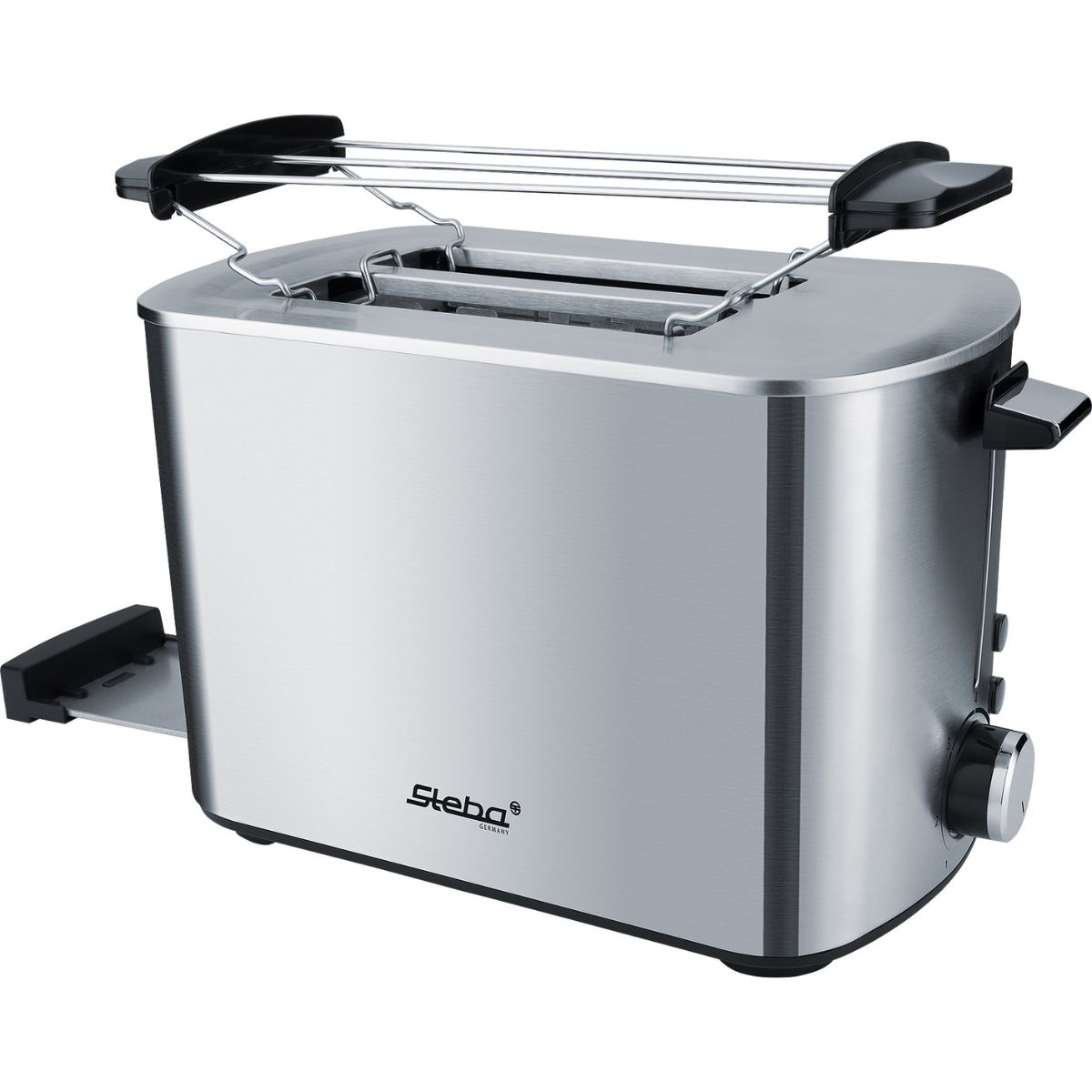 Ein silberner Toaster mit schwarzem Griff und einem Drehknopf zur Bräunungsregulierung.
