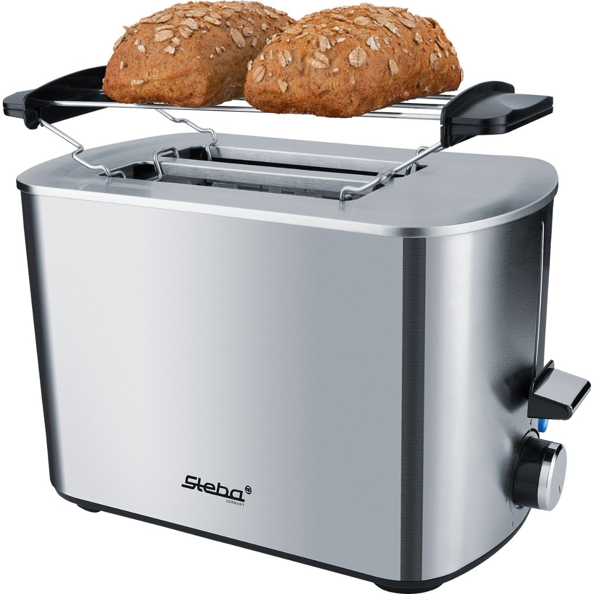 Ein Edelstahl-Toaster mit zwei Brotscheiben auf einem Rost.