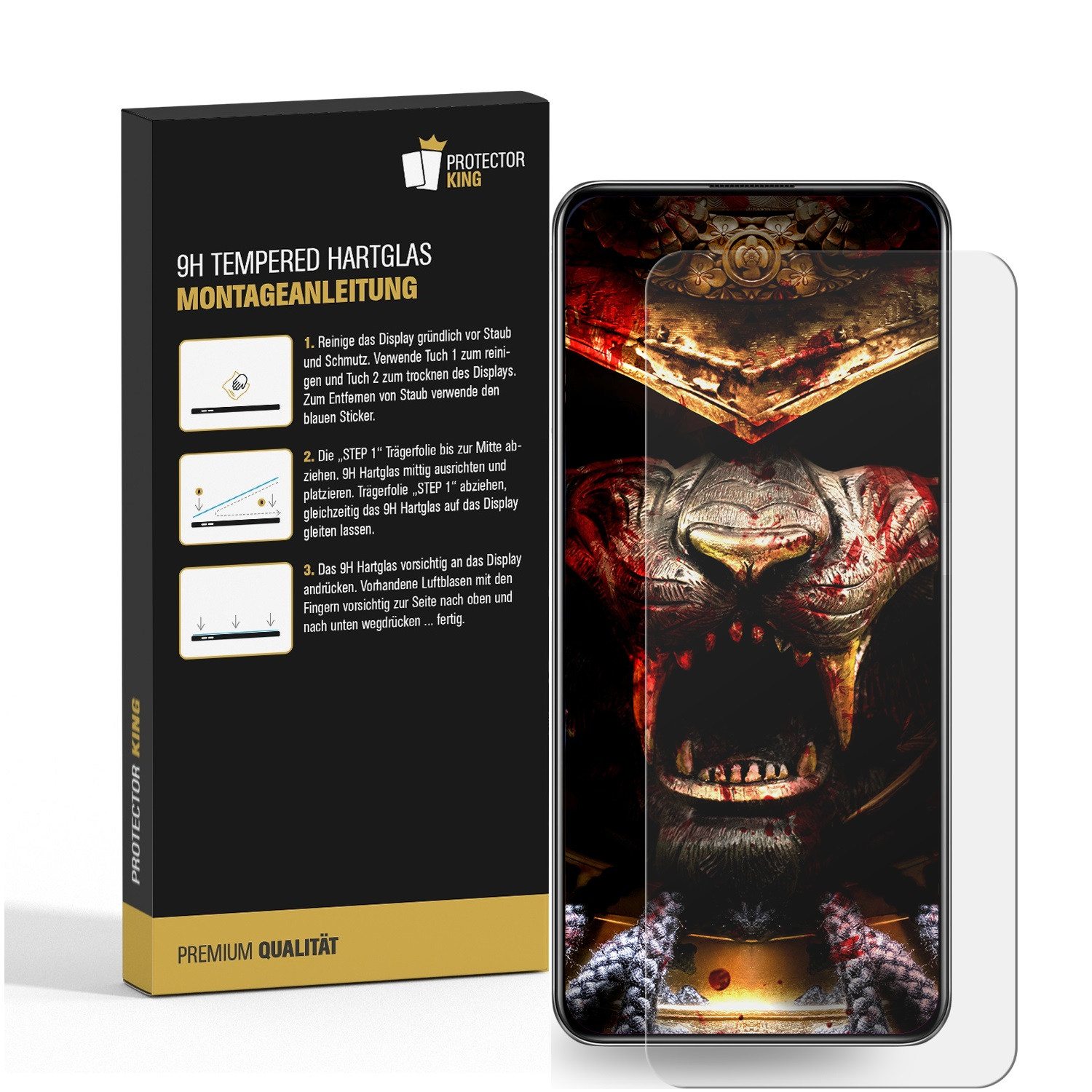 Displayschutzfolie mit bedrohlichem Bild auf dem Telefonbildschirm. Eine Box mit Anweisungen.