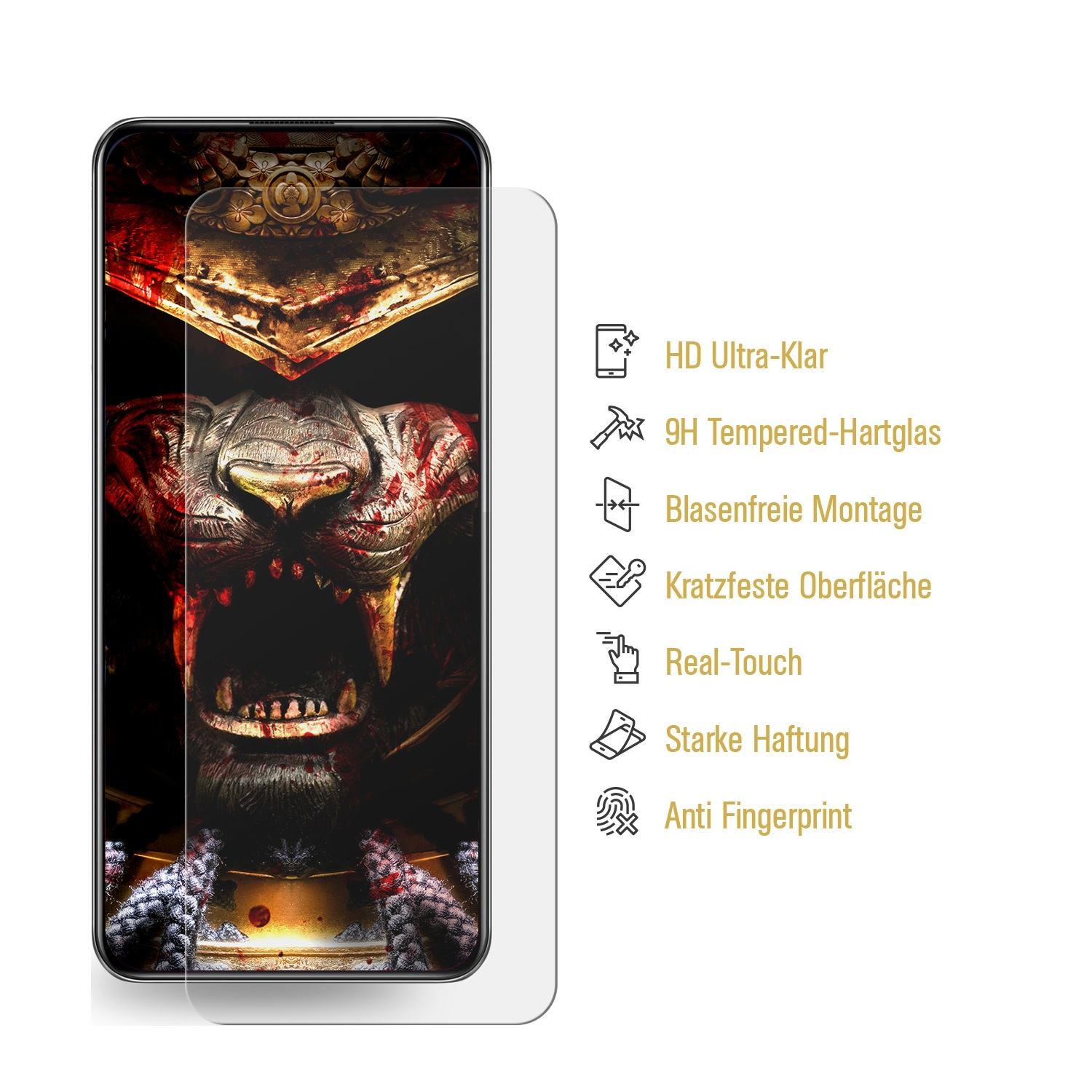 Handy-Displayschutz mit Grafik. Merkmale sind HD-Klarheit, Anti-Fingerprint.