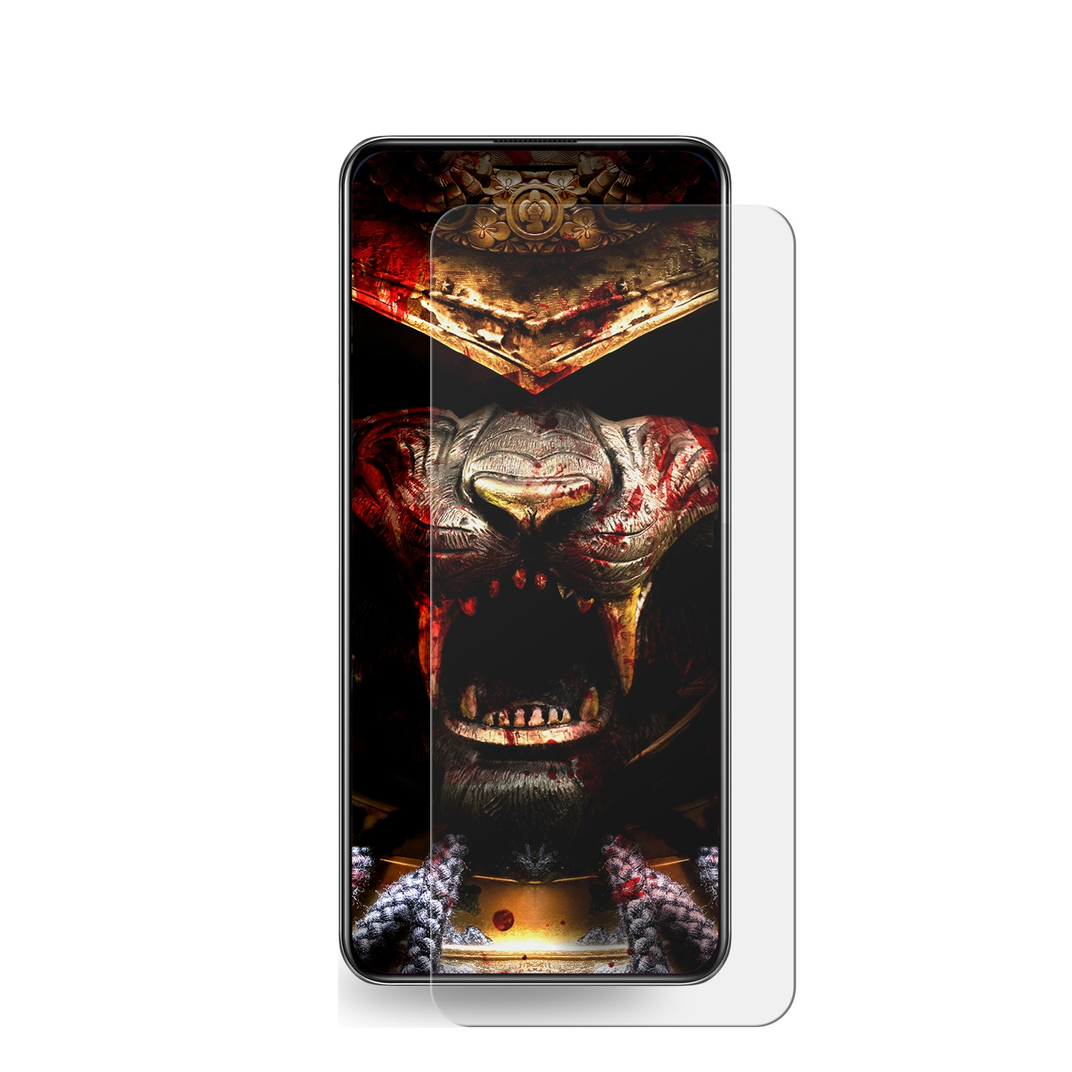 Telefon mit Displayschutz. Der Bildschirm zeigt ein gruseliges Tigergesicht mit roten Details.