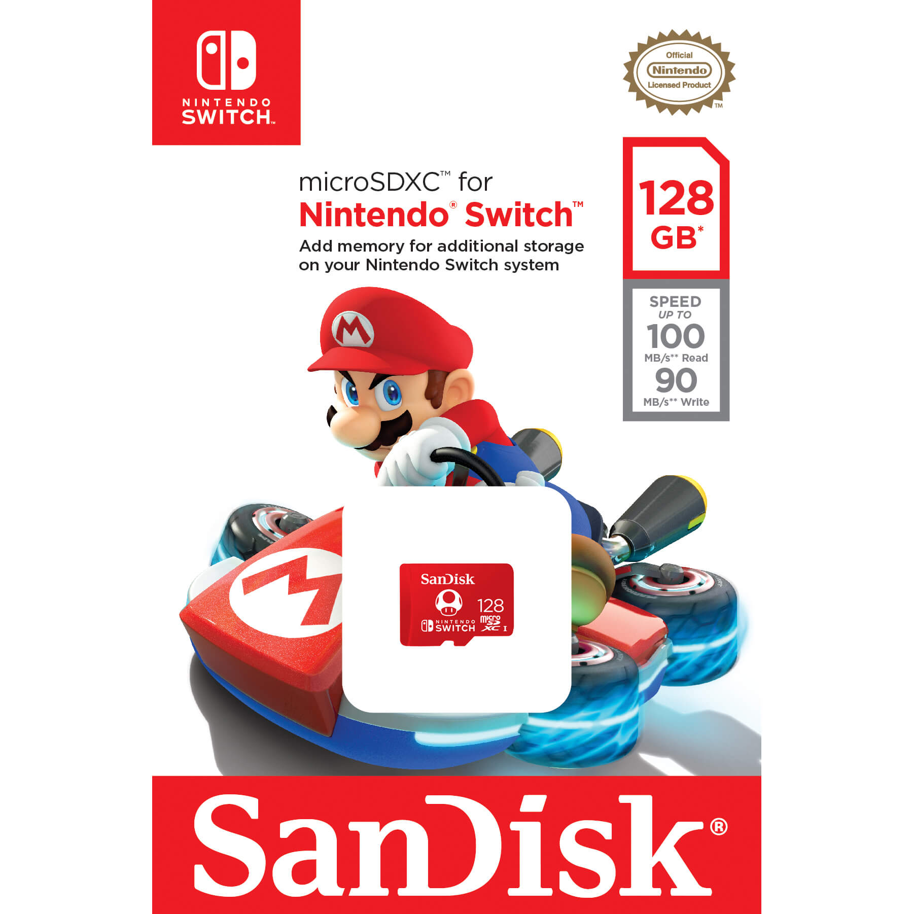 Nintendo Switch con Mario su un kart e una scheda di memoria SanDisk. Lo sfondo è bianco.