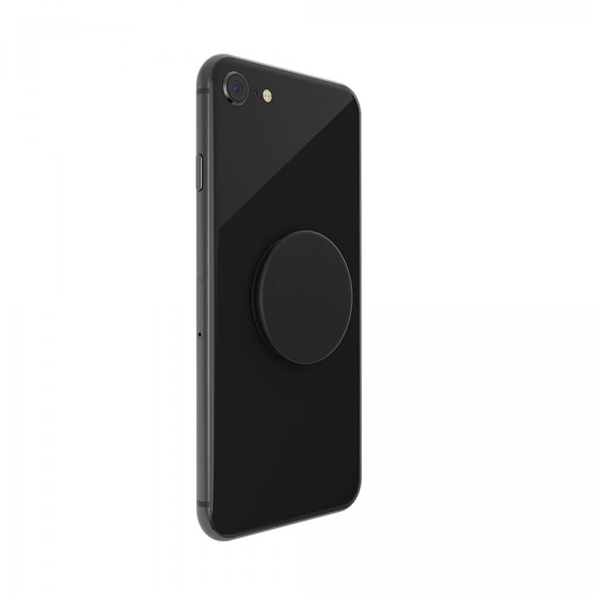 Ein schwarzes iPhone mit einem schwarzen kreisförmigen PopSocket auf der Rückseite.