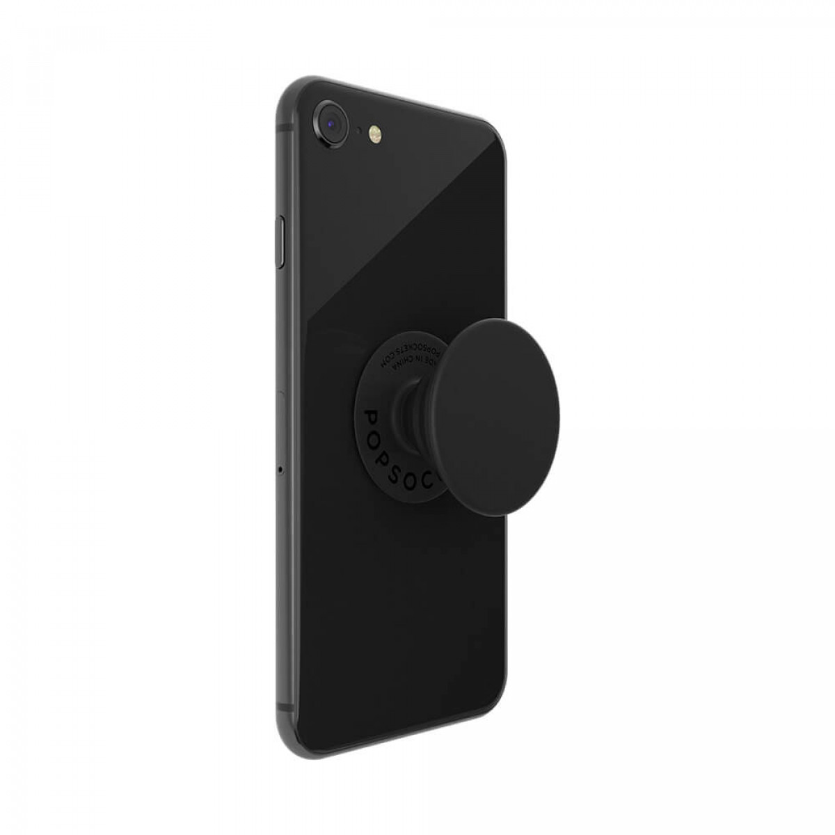 Schwarzes Telefon mit angebrachtem schwarzen PopSocket, Rückseite des Telefons sichtbar.