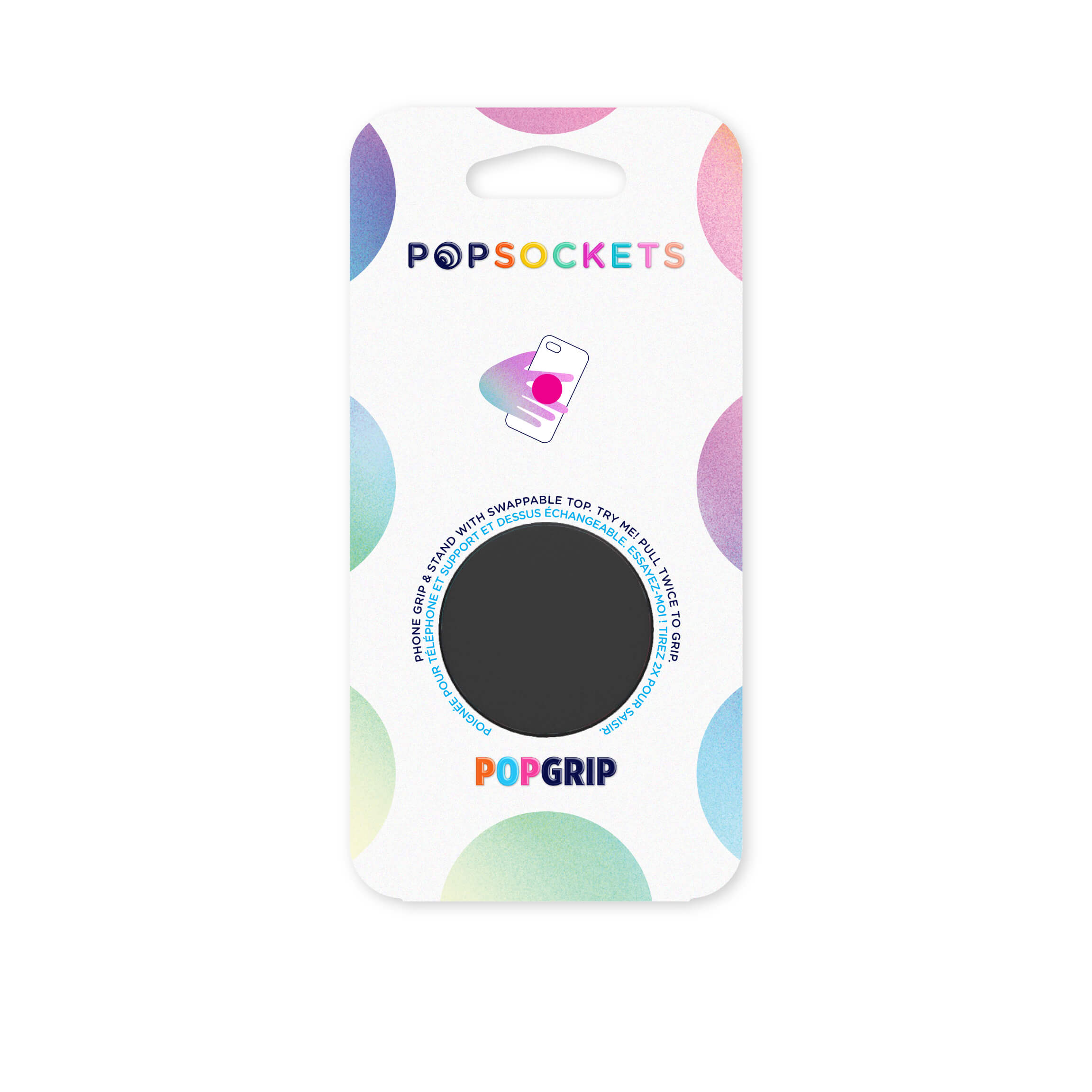 Popsockets-Telefonhalterung Verpackung. Schwarzer Griff auf der Vorderseite. Weißer Hintergrund mit bunten Punkten.