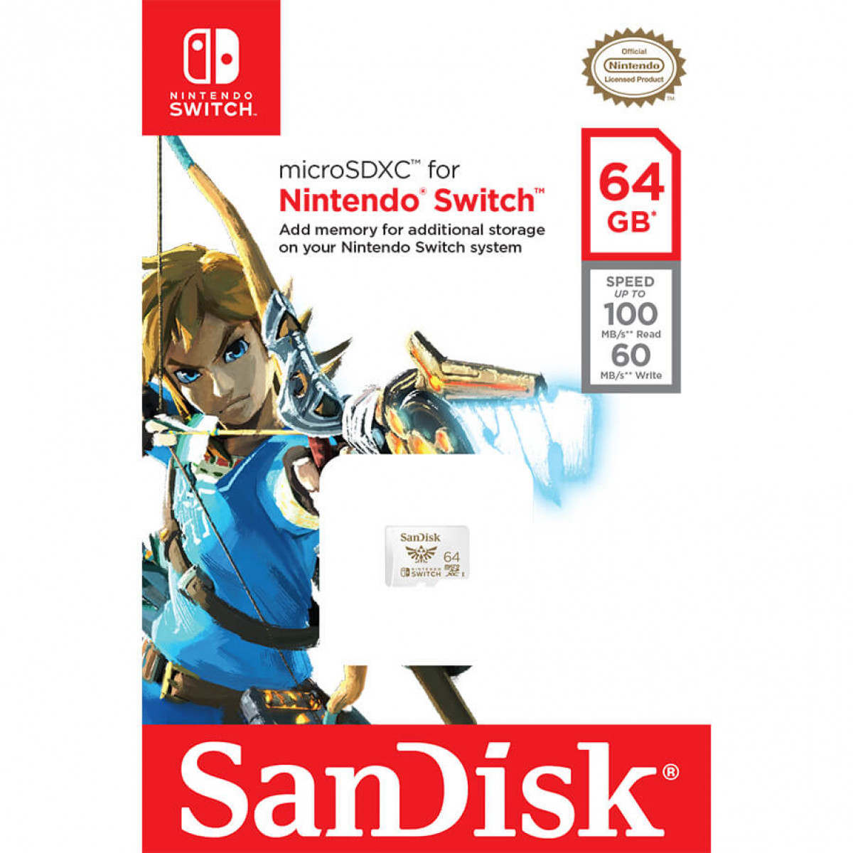 SanDisk Micro-SD-Karte für Nintendo Switch, mit einer Spielfigur und einem Kartenbild.