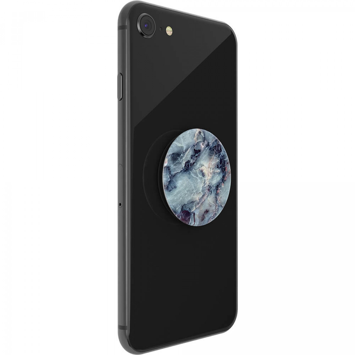 Schwarzes Telefon mit einem Marmor-Pop-Socket. Der Pop-Socket hat blaue und weiße Wirbel.