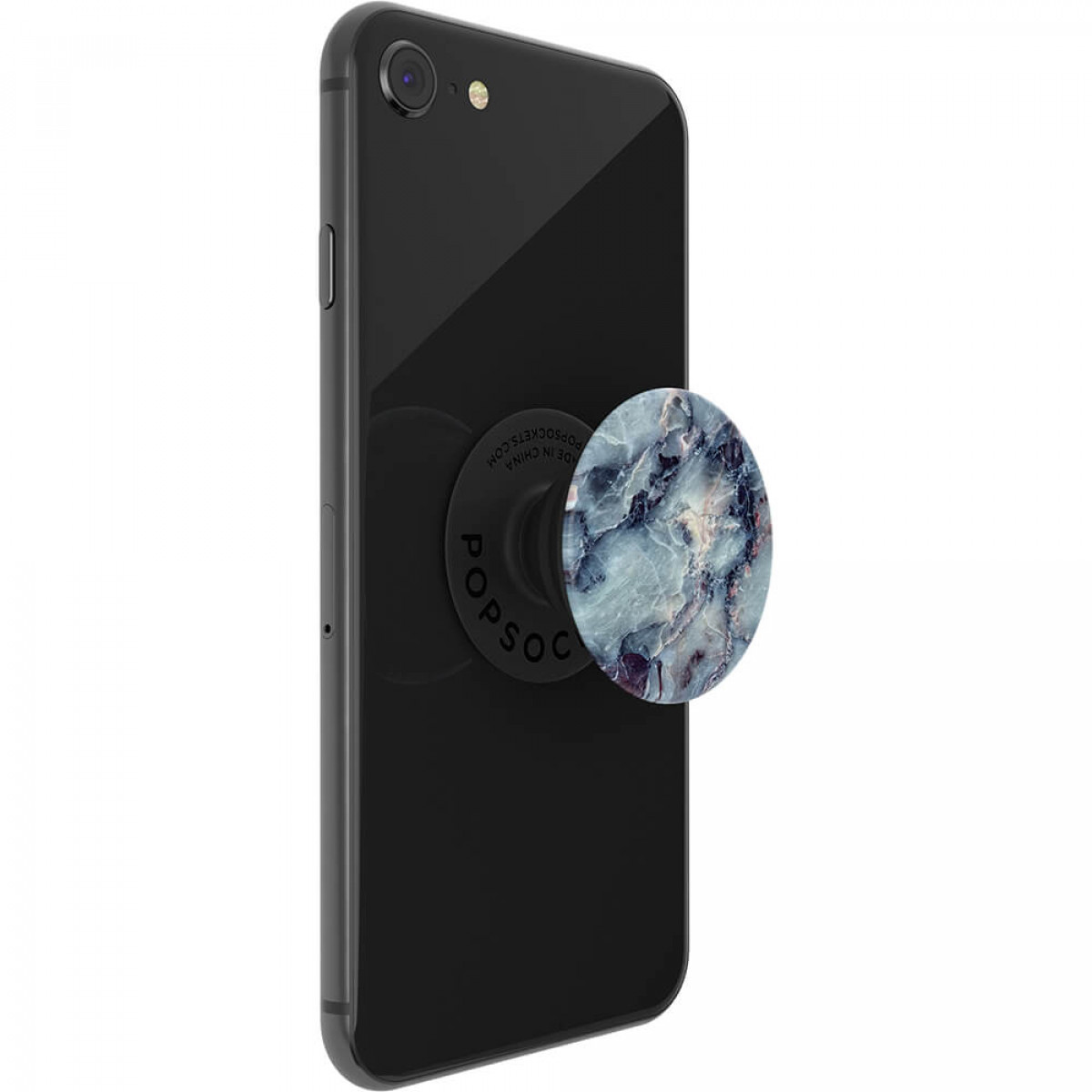 Ein schwarzes Telefon mit einem PopSocket mit Marmormuster auf der Rückseite.