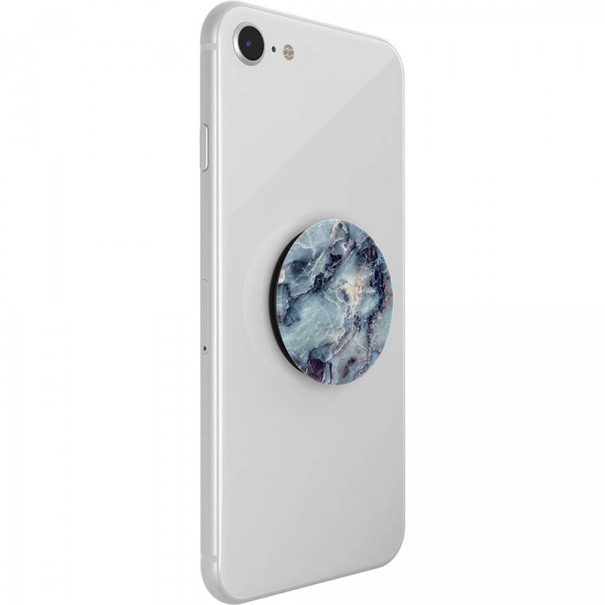 Ein weißes Smartphone mit einem Marmor-Pop-Socket, das Telefon befindet sich auf einer weißen Oberfläche.