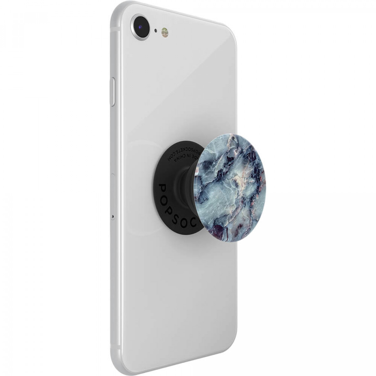 Weißes Telefon mit PopSocket. Der PopSocket ist schwarz mit blauem und weißem Marmor-Design.