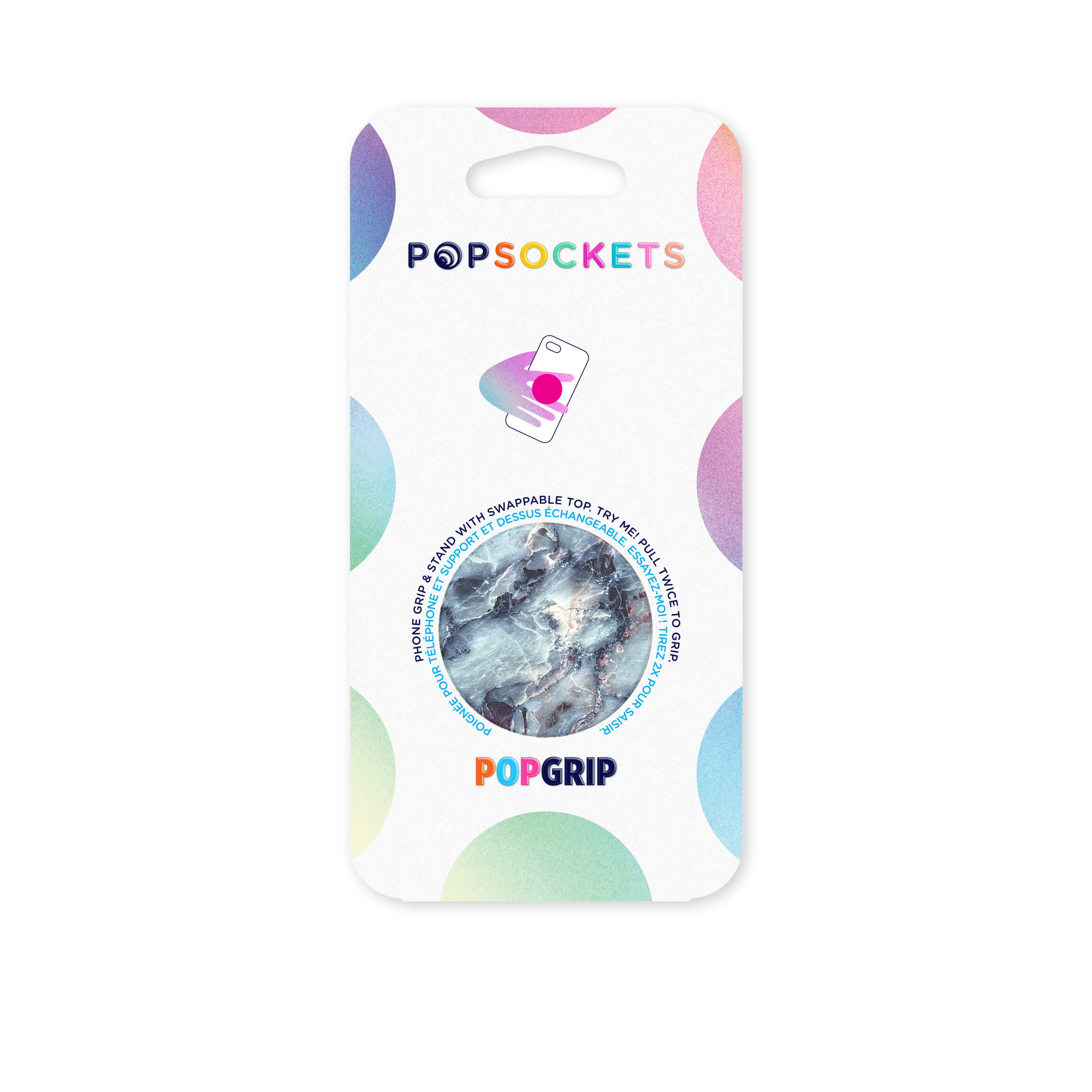 PopSockets-Verpackung mit einem Handy-Griff mit Marmor-Design und Markeninfo.