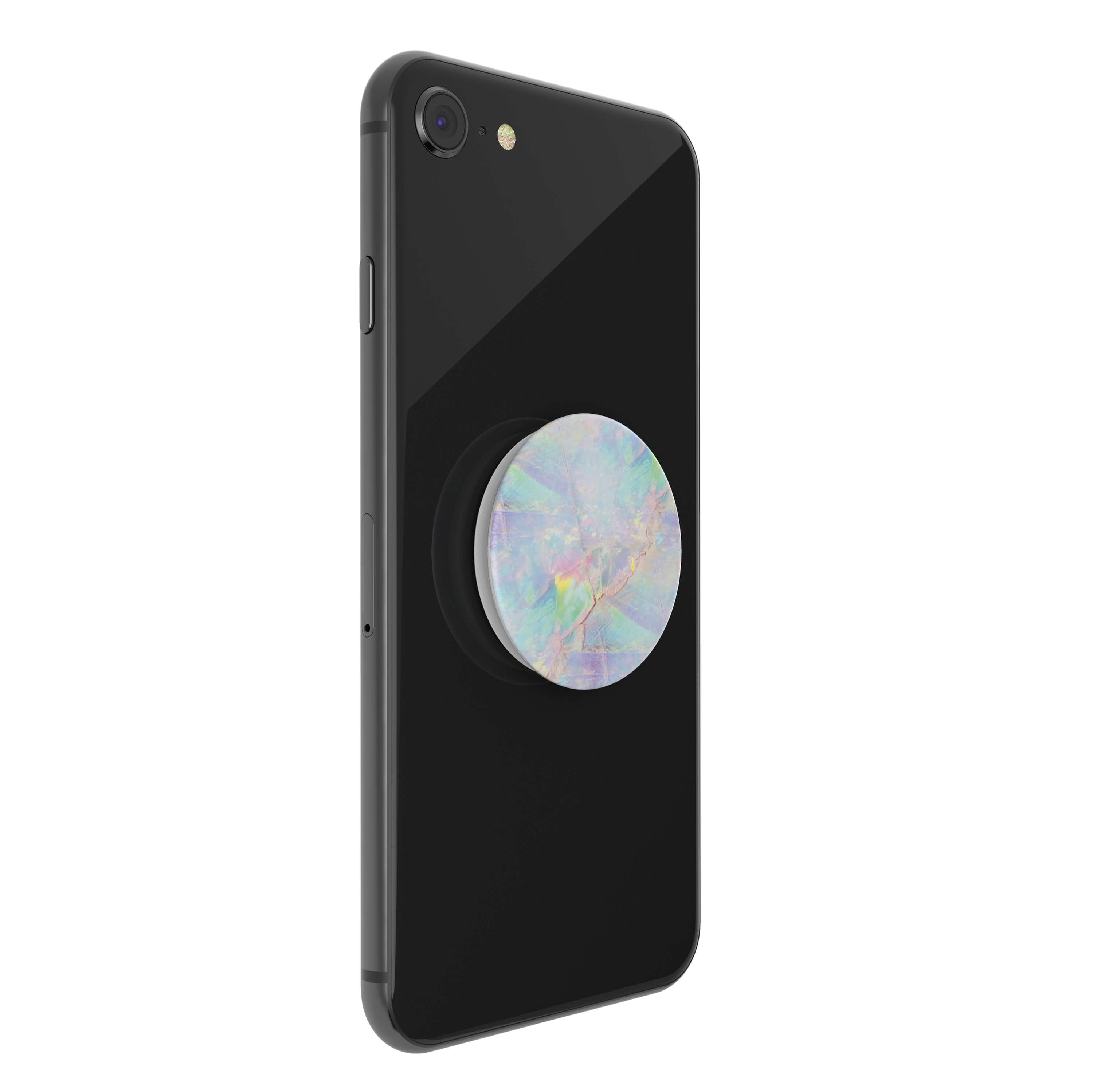 Teléfono negro con un agarre redondo e iridiscente adjunto.