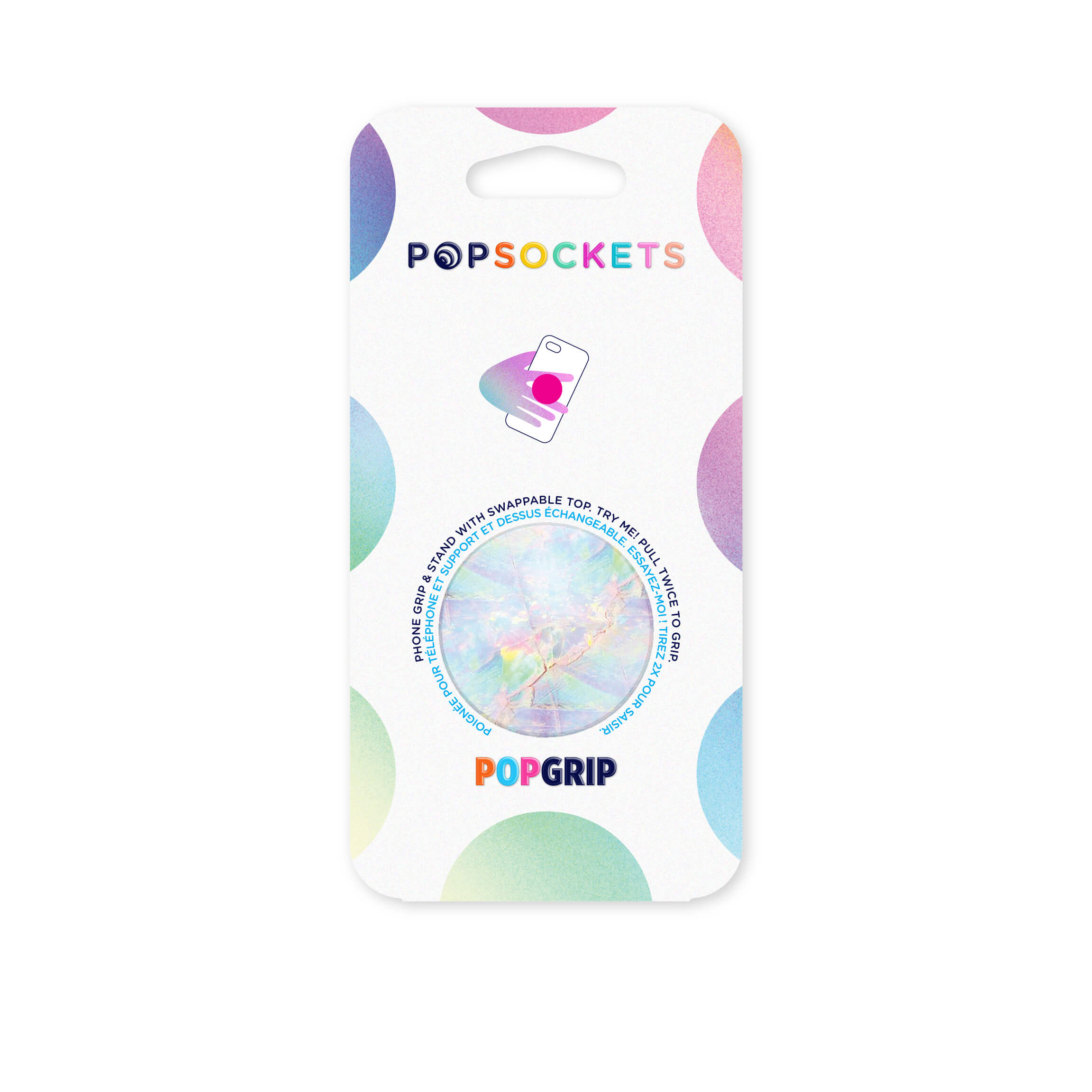 Un paquete de PopSockets con un PopGrip holográfico. Tiene un fondo colorido y varios textos.