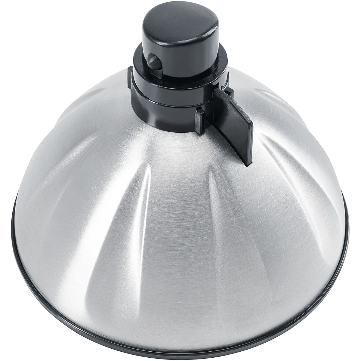 Elettrodomestico da cucina argentato, a cupola, con parte superiore nera e maniglia nera.