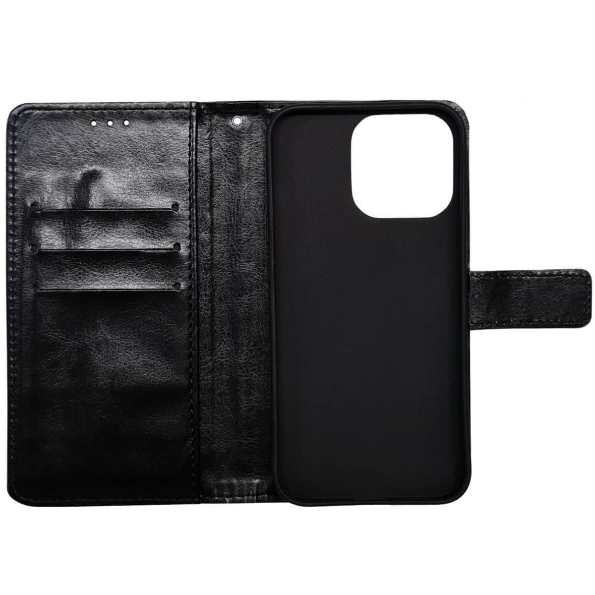 Schwarze Leder-Handyhülle im Brieftaschenstil, geöffnet, mit Handyhalterung.