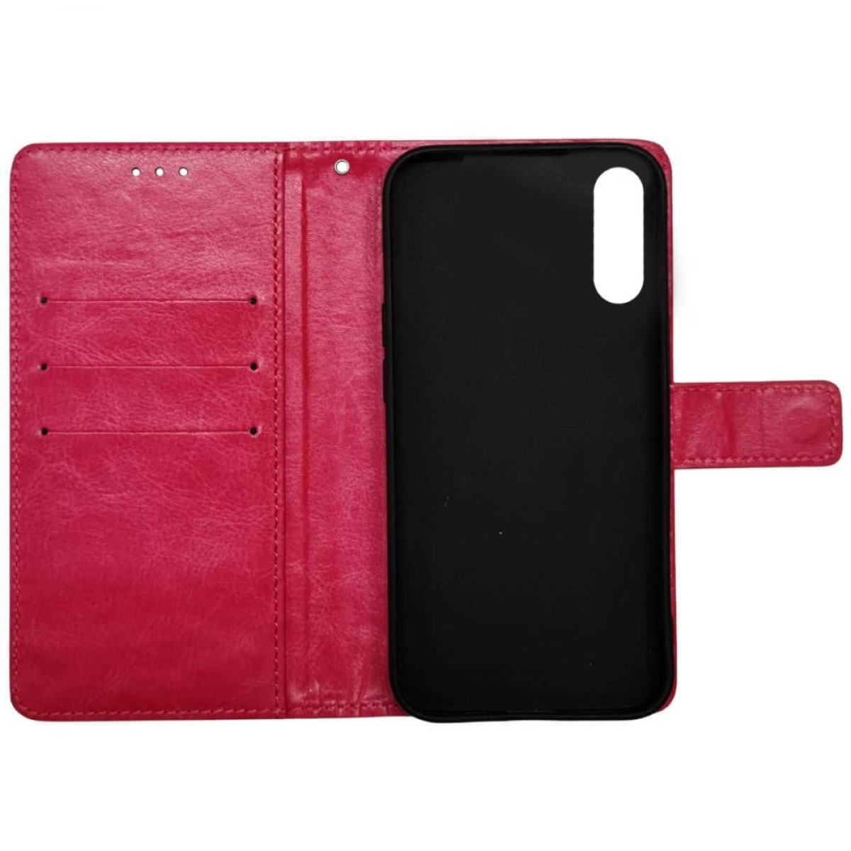 Offene, pinkfarbene Leder-Handyhülle mit Kartenfächern und schwarzem Halter.