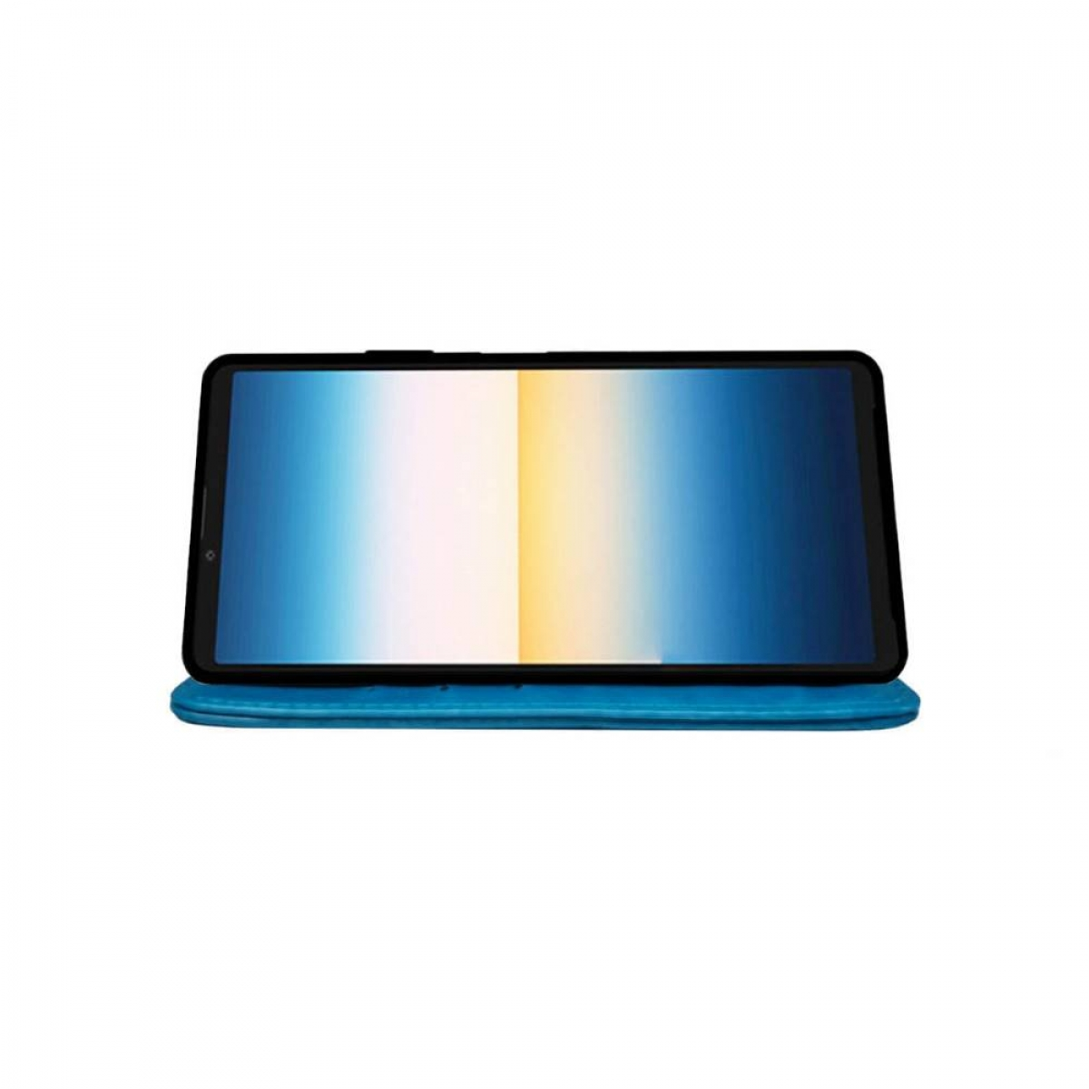 Ein Tablet in einer blauen Hülle, der Bildschirm zeigt einen Farbverlauf von Blau nach Gelb.