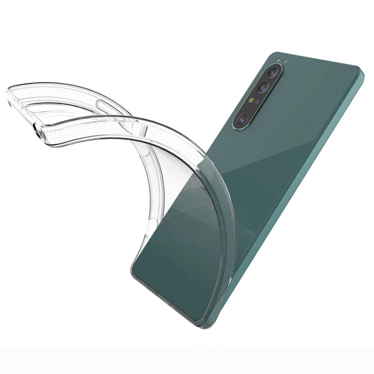 Transparente Handyhülle auf grünem Handy. Die Hülle ist gebogen und zeigt ihre Flexibilität.
