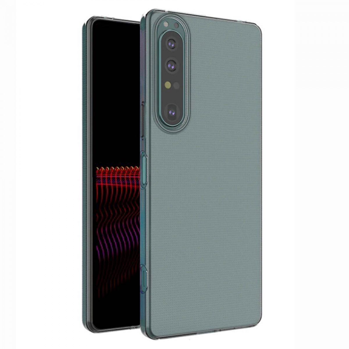 Eine grüne Handyhülle mit einem Telefon darin, das Kameradesign zeigt.