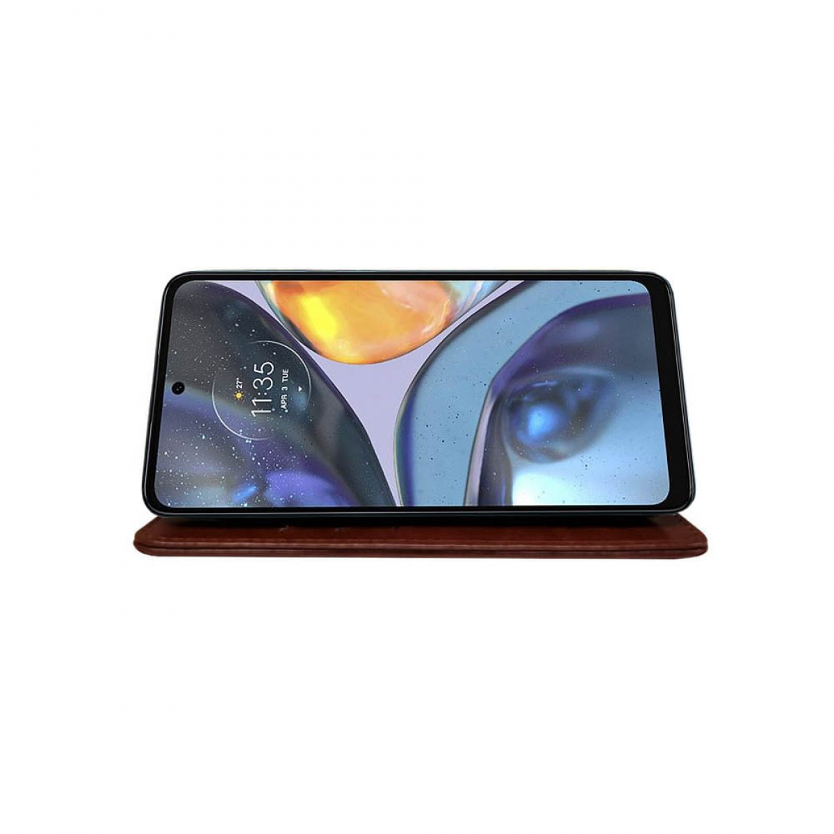 Ein Smartphone in einer braunen Hülle, auf einem Ständer aufgestellt, zeigt seinen Bildschirm.