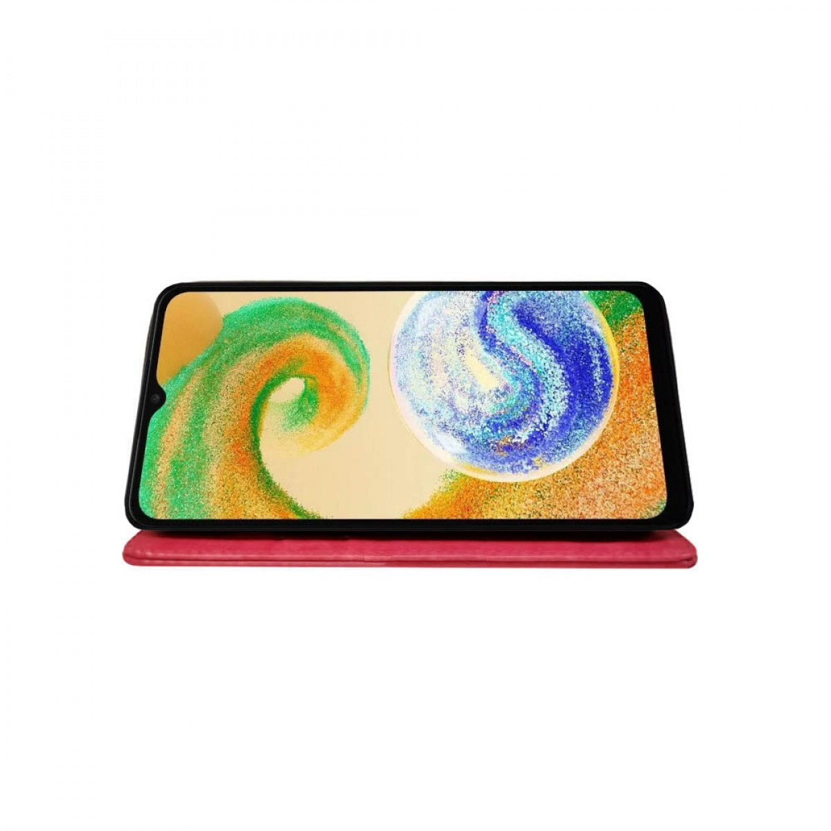 Ein Telefon mit hellem Bildschirm auf einem rosa Etui, weißer Hintergrund.