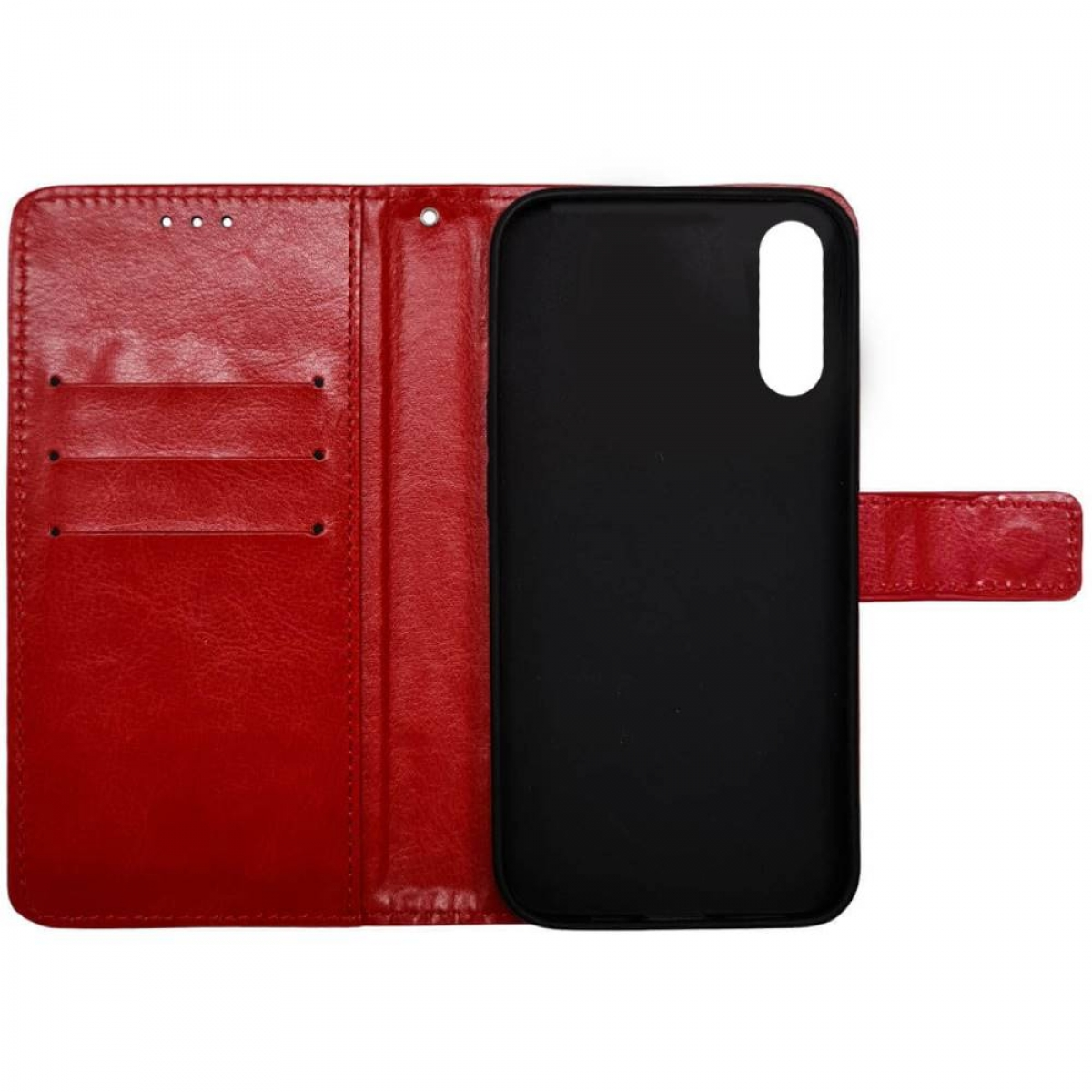 Rote Leder-Handy-Geldbörse, geöffnet, um eine schwarze Handyhülle mit Kartenfächern auf der linken Seite zu zeigen.