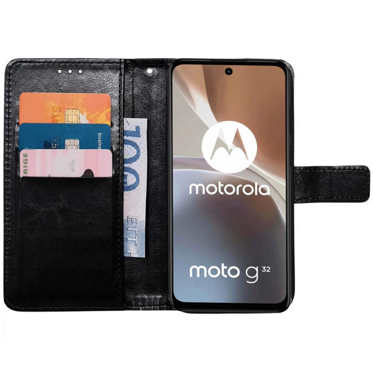 CASEONLINE Klappbare, Motorola, G32, Bookcover, Moto Schwarz