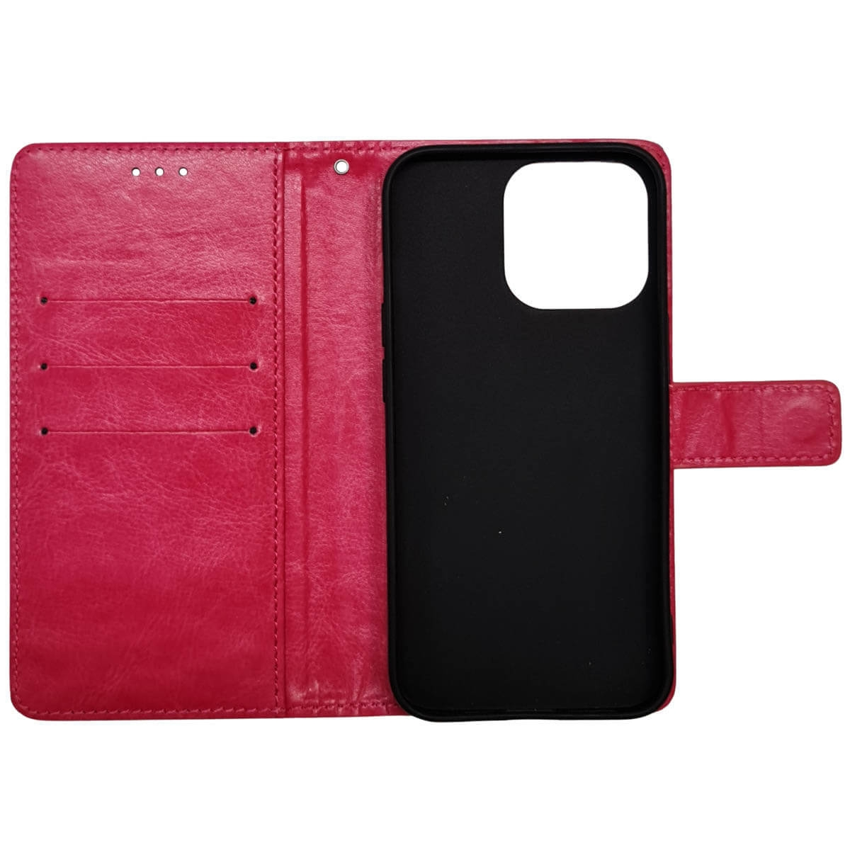 Eine pinkfarbene Handyhülle im Brieftaschenstil, geöffnet, um den schwarzen Telefonhalter zu zeigen.