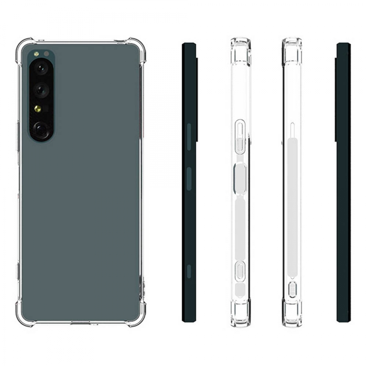 Telefon mit durchsichtiger Hülle in mehreren Ansichten. Graue Rückseite, transparente Seiten. Schwarze Knöpfe an der Seite.