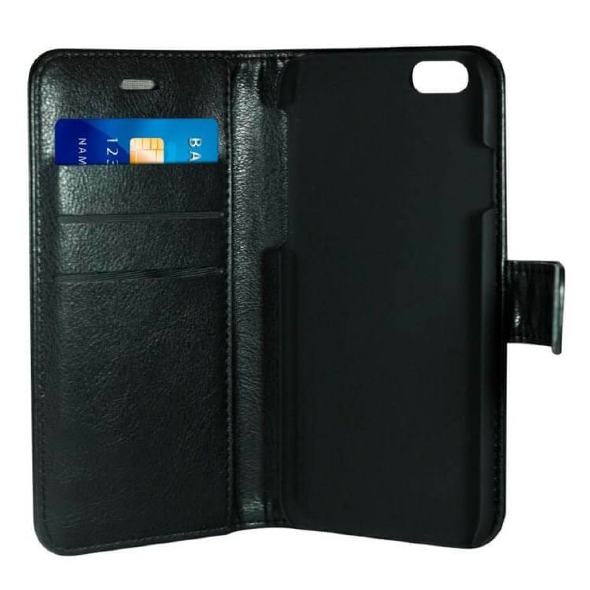 Geöffnete schwarze Handyhülle mit Kartenfächern und Platz für das Handy. Eine Karte steckt im Fach.