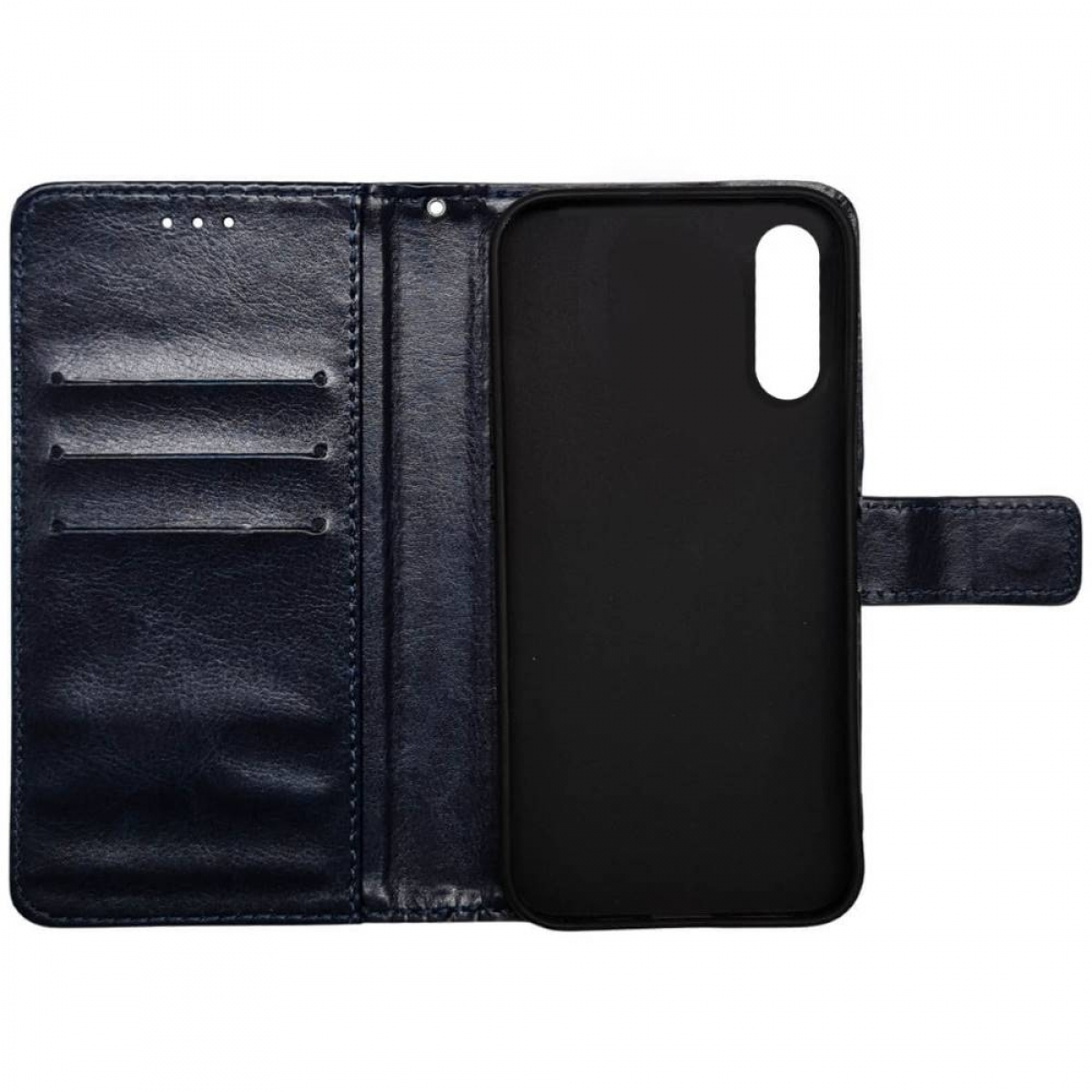 Eine blaue, lederne Brieftaschen-Handyhülle, die geöffnet ist, um einen Telefonhalter zu zeigen.