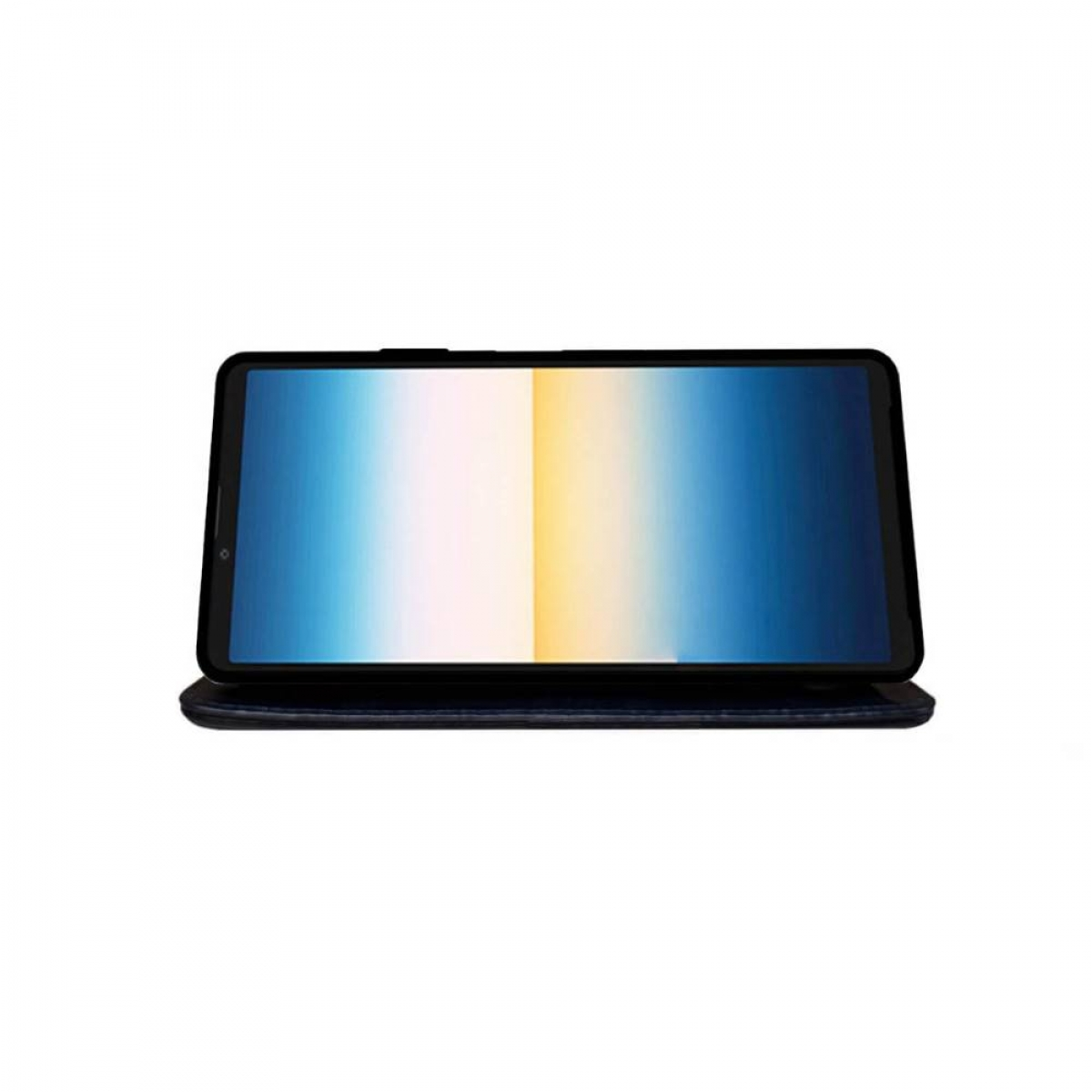 Tablet in einer Brieftaschenhülle. Der Bildschirm zeigt einen Farbverlauf. Die Hülle ist schwarz.