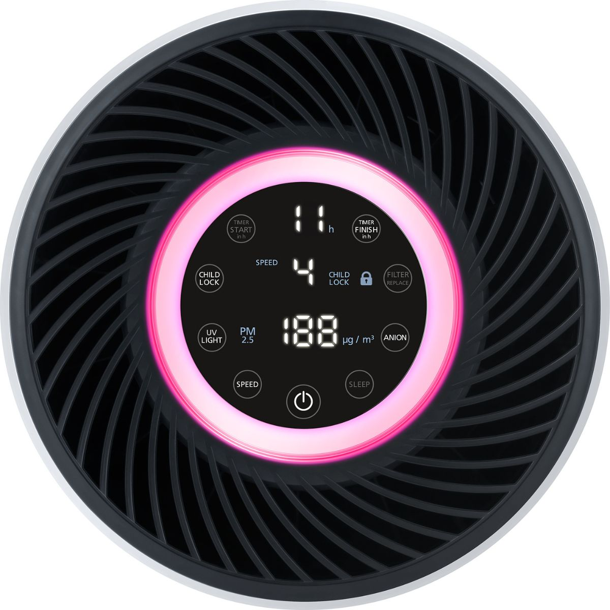 Luftreiniger mit schwarzer Vorderseite und rosa beleuchtetem Ring. Zeigt Infos wie Zeit und PM 2.5.
