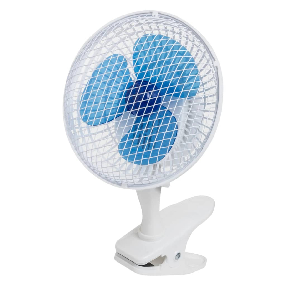 Ventilatore da scrivania bianco con pale blu e sfondo bianco.