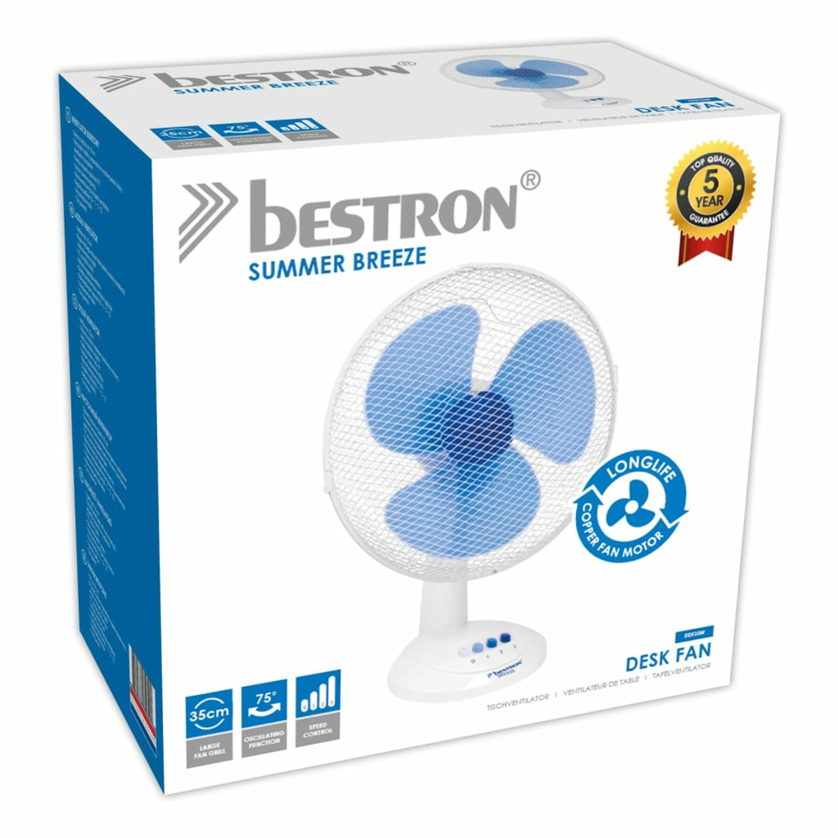 Wentylator biurkowy Bestron w białym pudełku. Pudełko pokazuje wentylator i szczegóły na jego temat.