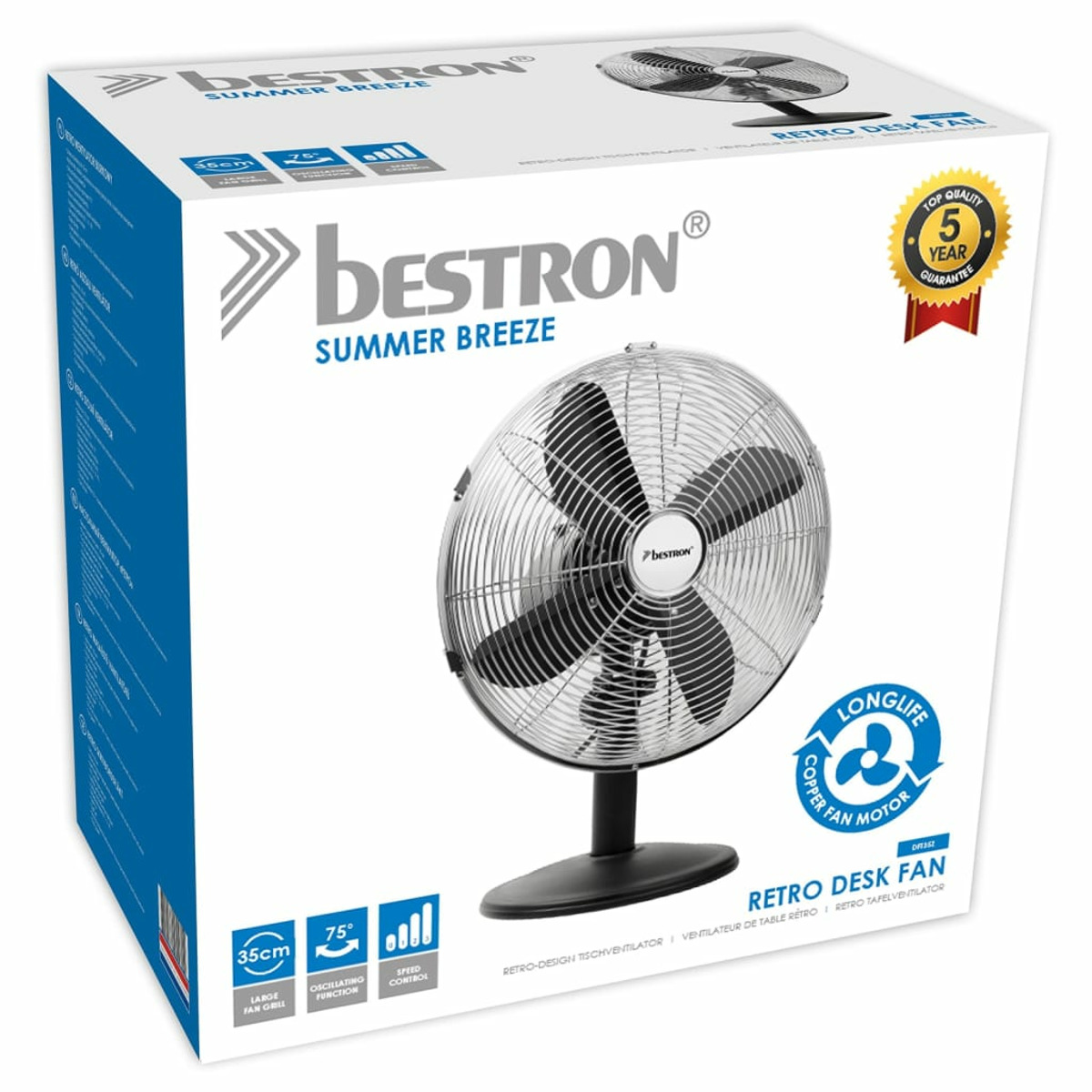 Scatola con ventilatore da scrivania retrò. Pale nere, gabbia argentata, base nera. Bestron.