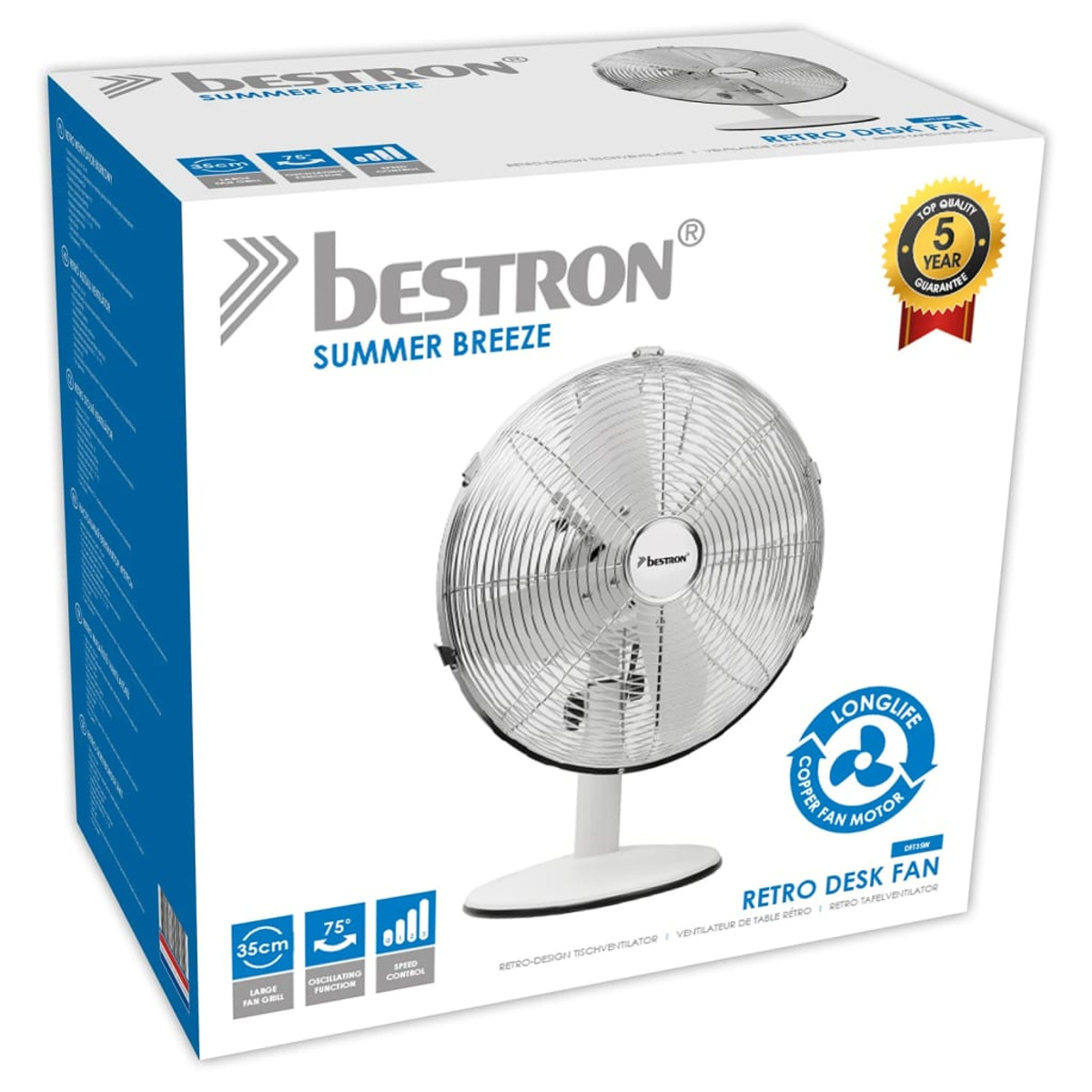Ventilatore da scrivania retrò in una scatola. La scatola ha il testo 'bestron summer breeze' su sfondo bianco.