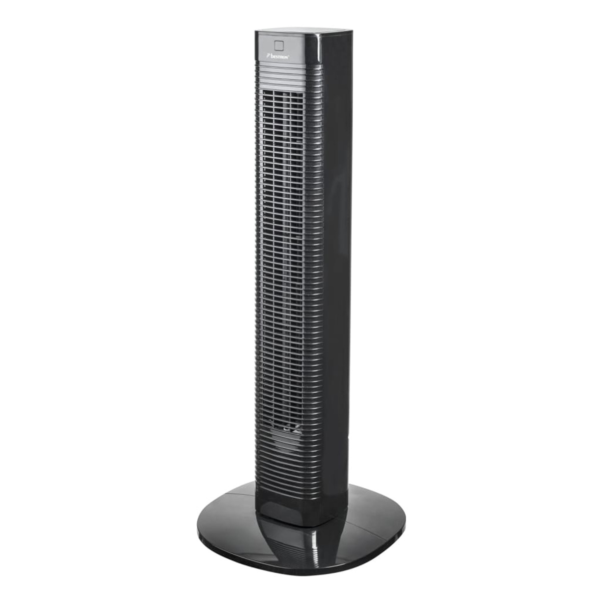 Un ventilatore a torre alto e nero su sfondo bianco.