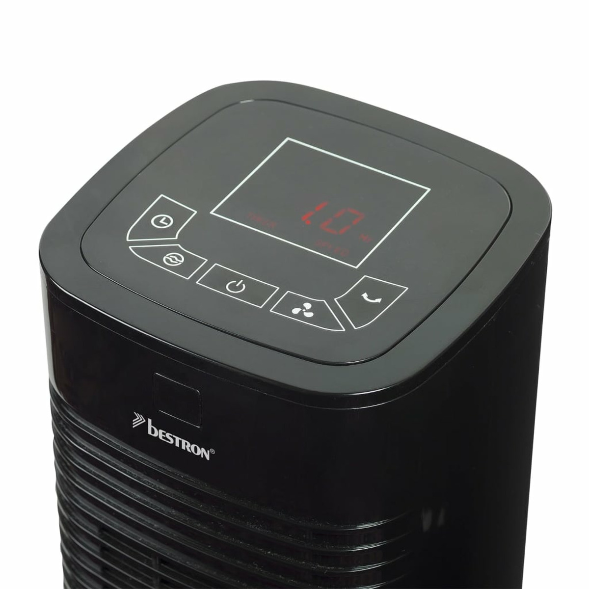 Un ventilatore a torre nero con un display digitale che mostra il numero rosso 10 e i pulsanti di controllo.