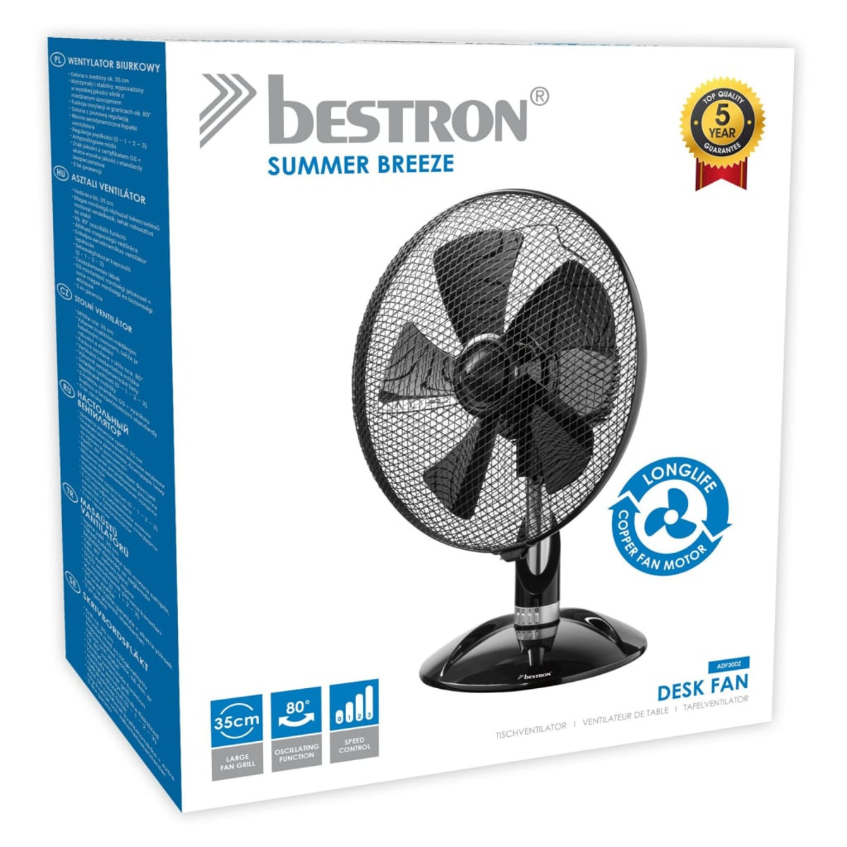 Un ventilatore da scrivania Bestron nero nella sua scatola. La scatola ha le caratteristiche della ventola.