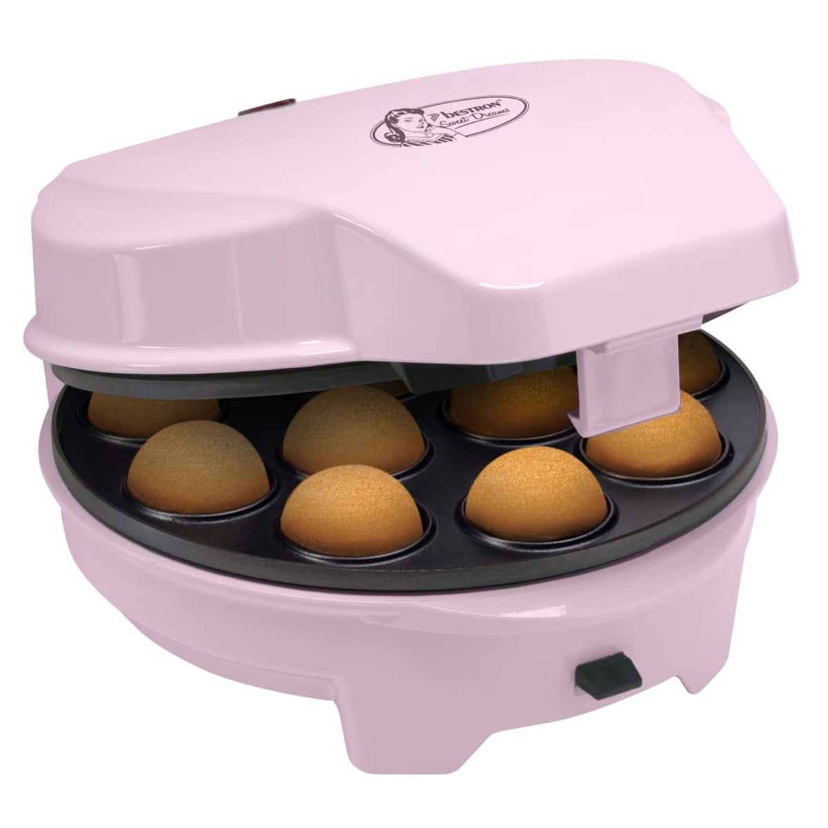 Ein rosa Cake-Pop-Maker mit mehreren sichtbaren gebackenen Cake-Pops.