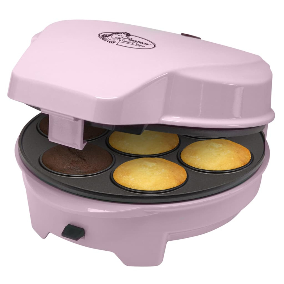 Ein rosa Mini-Cupcake-Maker mit sechs Cupcakes. Die Maschine ist geschlossen.