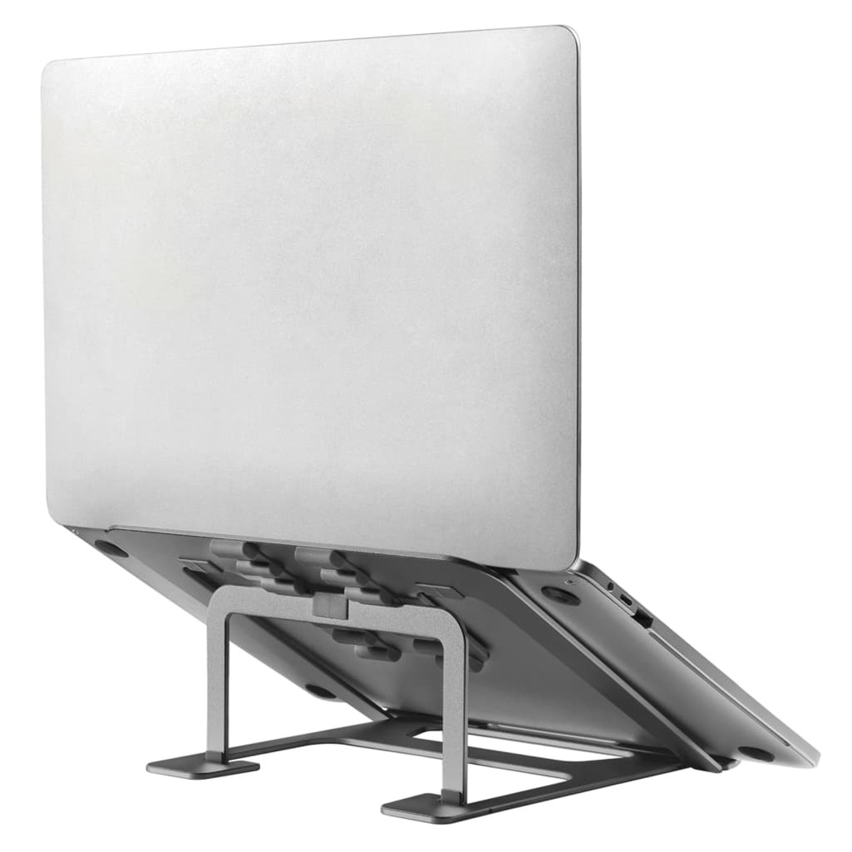 Silver laptop on a silver stand. The background is white.