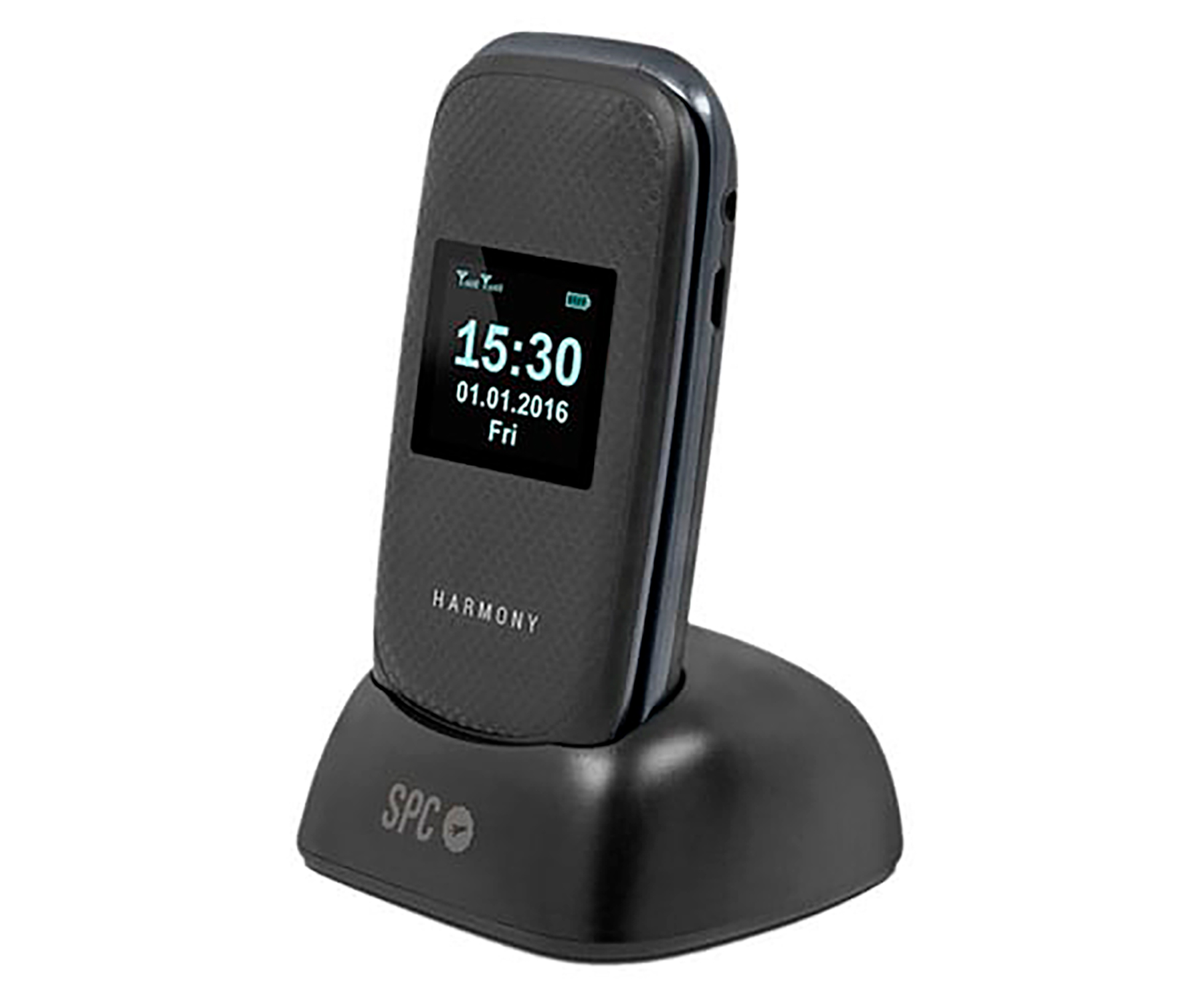 Teléfono plegable negro en base de carga negra. Pantalla muestra hora y fecha.
