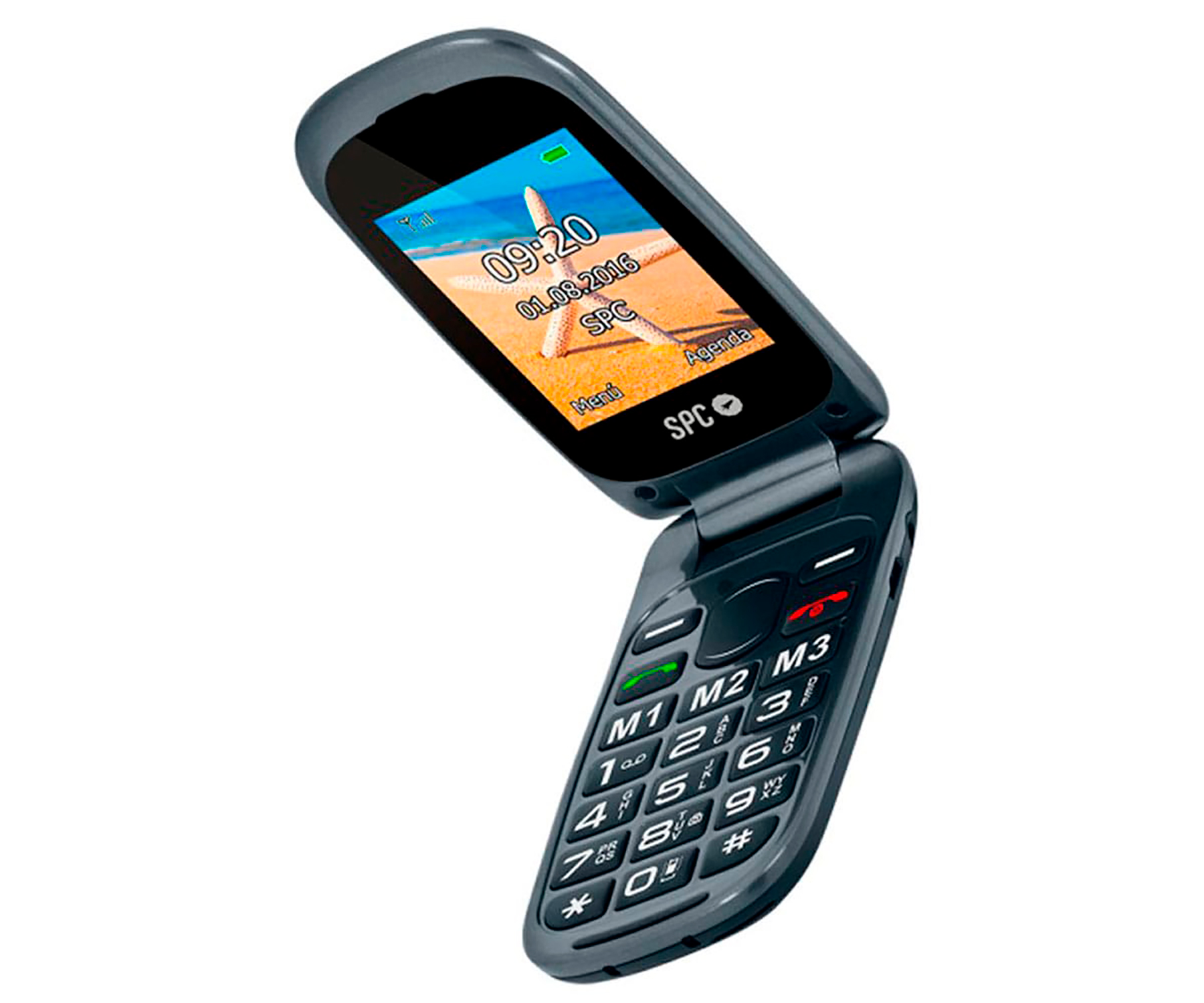 Teléfono plegable, negro, abierto para mostrar la pantalla. La pantalla muestra hora, fecha y una estrella de mar.