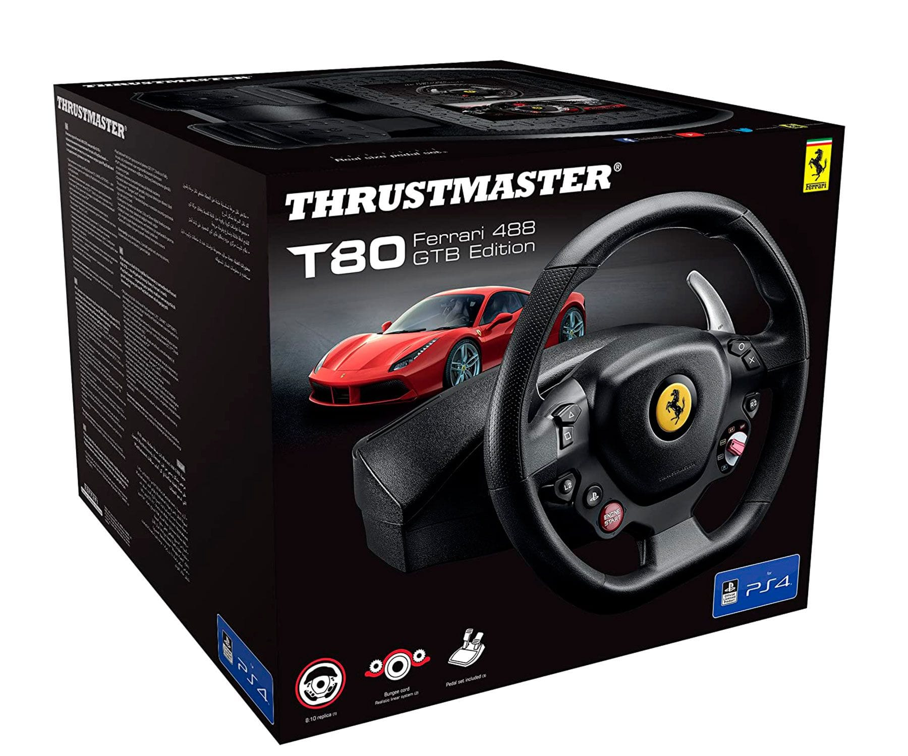 Ein Thrustmaster T80 Ferrari 488 GTB Edition Lenkradkarton, mit einem Auto-Bild auf der Vorderseite.