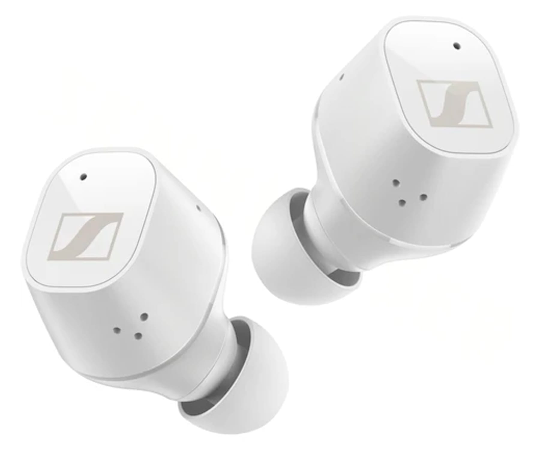 Auricolari bianchi con logo Sennheiser, vista angolata, isolati su bianco.